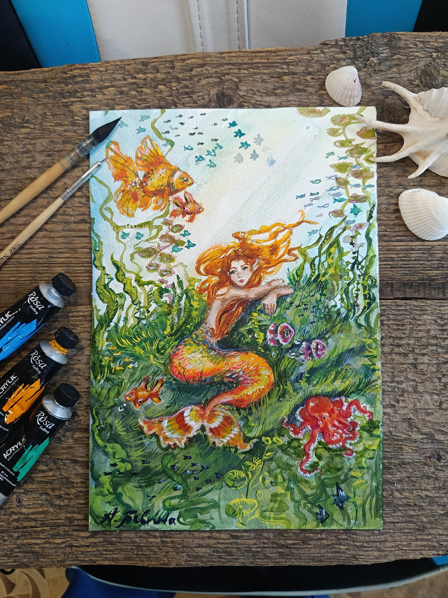 Red head mermaid. Original watercolour painting.