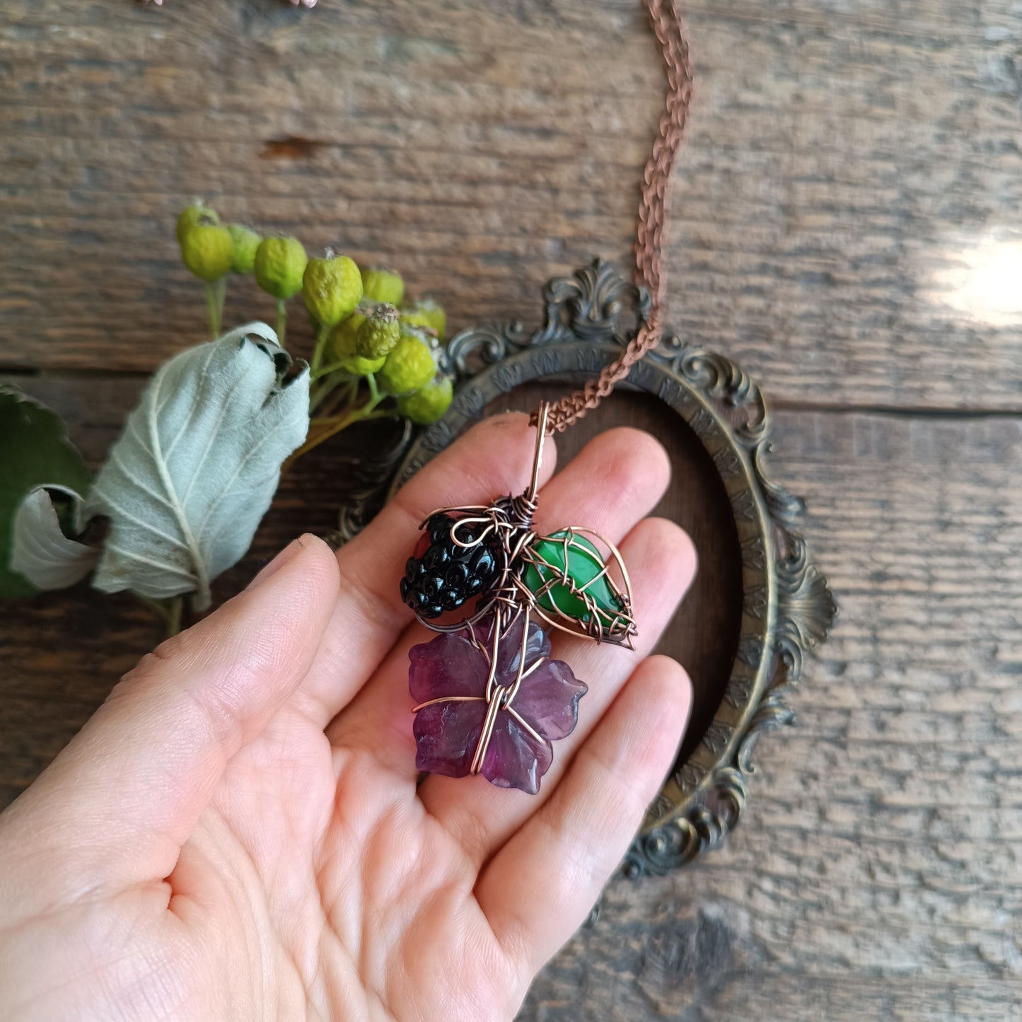 Fluorite flower and blackberry necklace