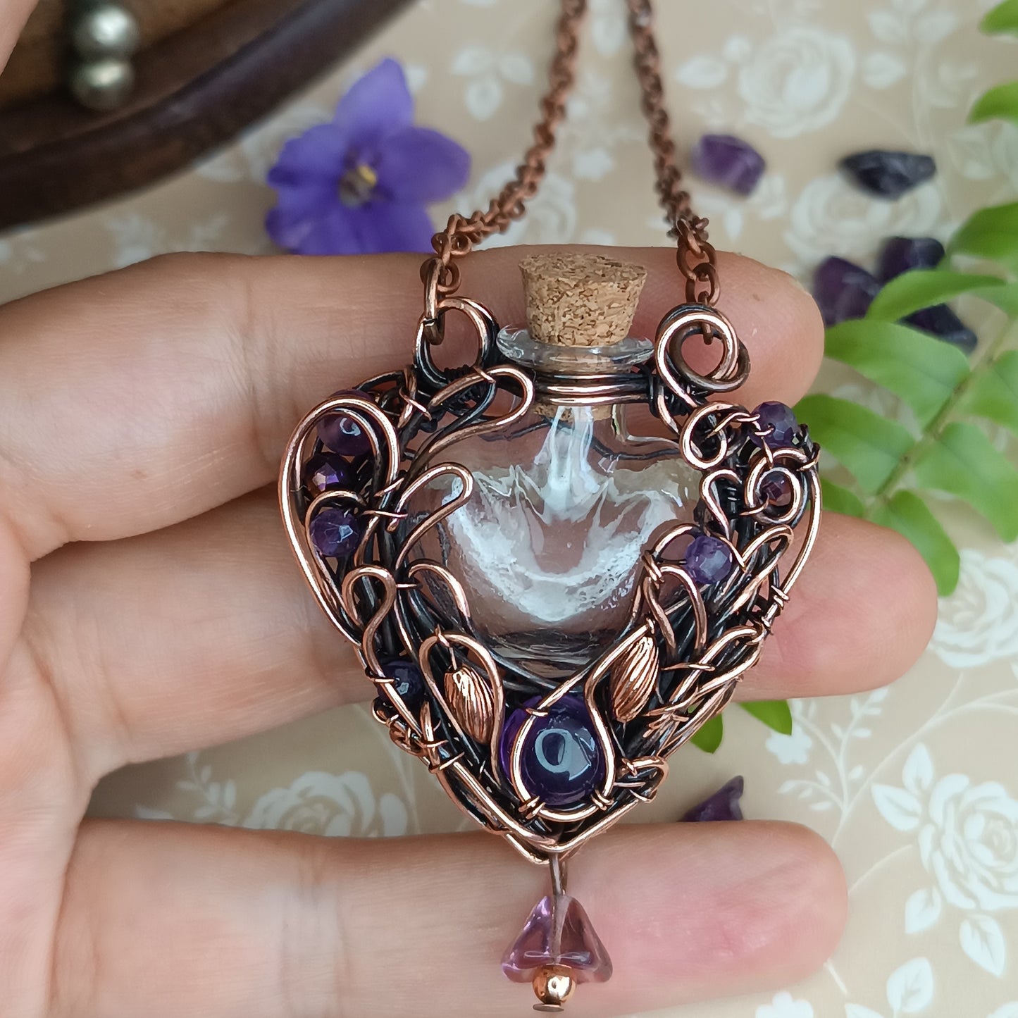 Dance of violets. Vial necklace
