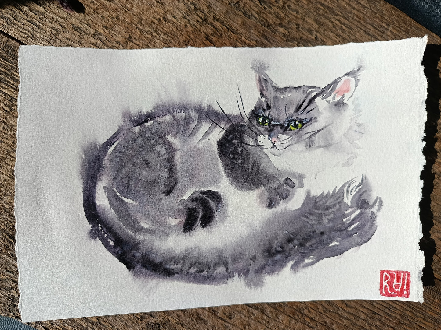 Basil, the grey cat with green eyes. Original watercolour.