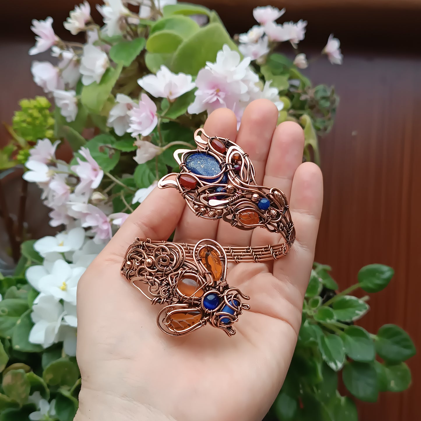 Flower and bee. Adjustable cuff bracelet