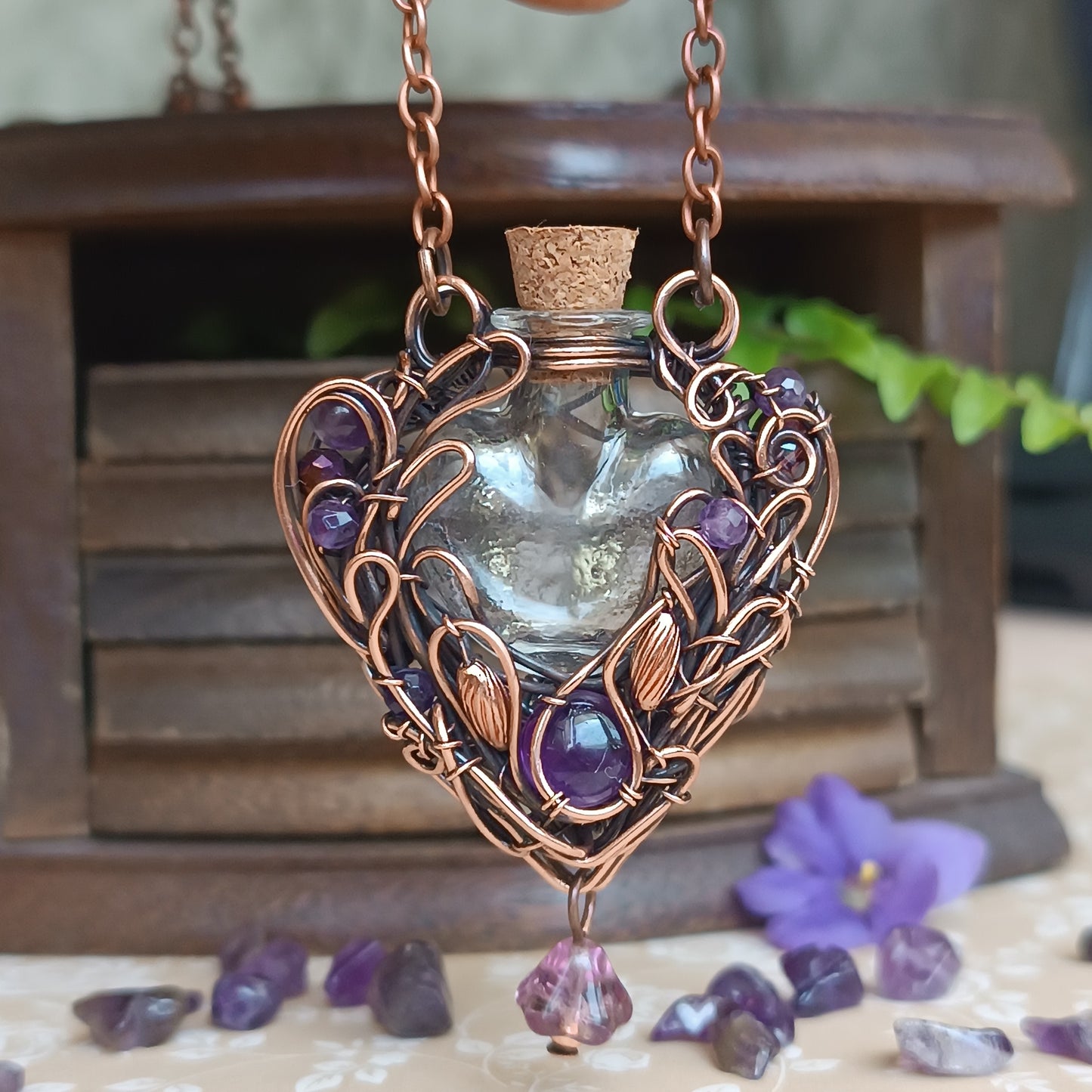 Dance of violets. Vial necklace