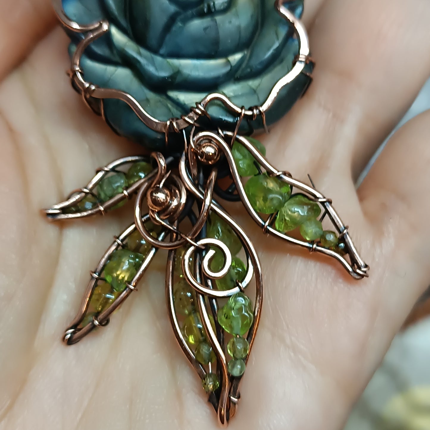 Labradorite rose with chrysolite leaves. Pendant