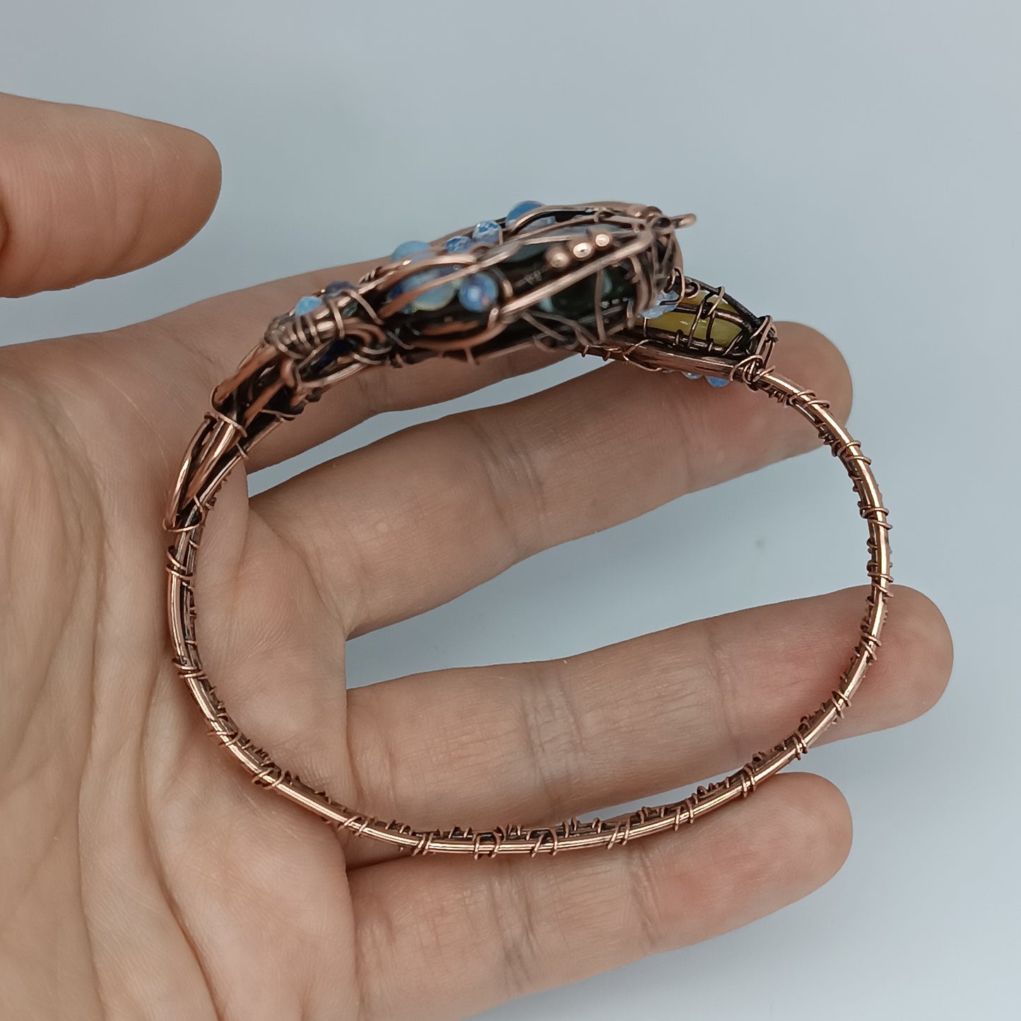 Bee on blue flower. Adjustable cuff bracelet. Size S-M