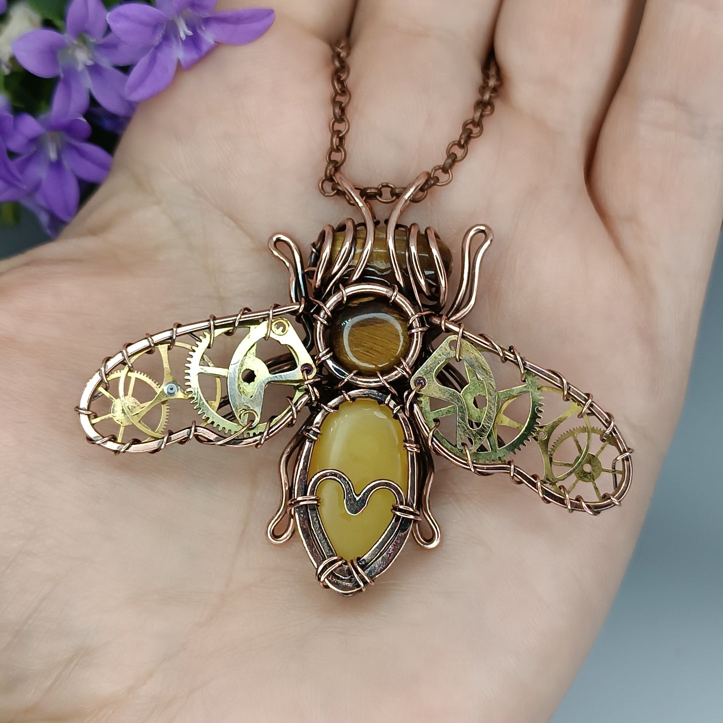 Honey bee necklace with watch cogs