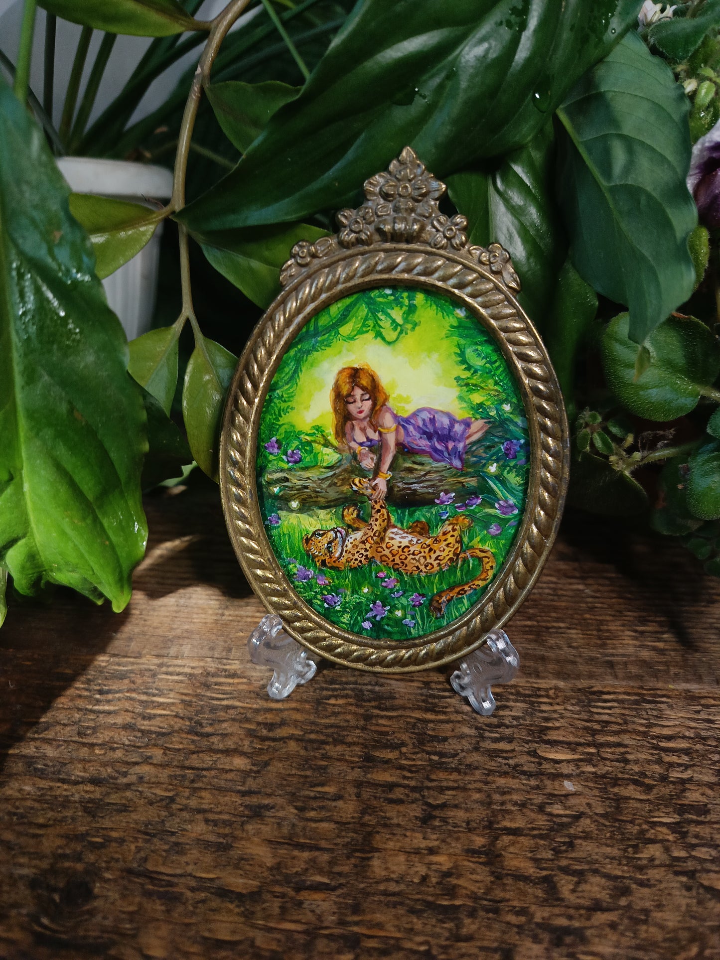 Playful leopard original painting. Framed.