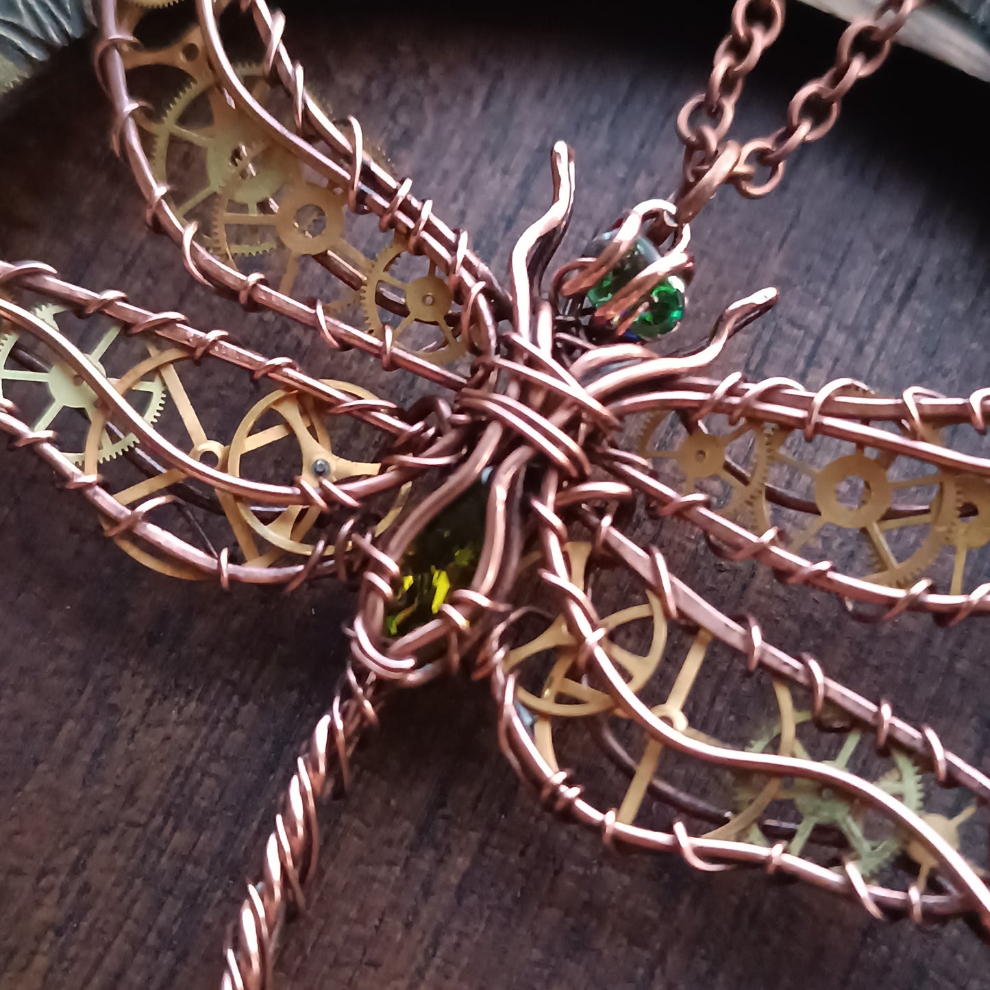 Olivia. Golden cogs Dragonfly pendant