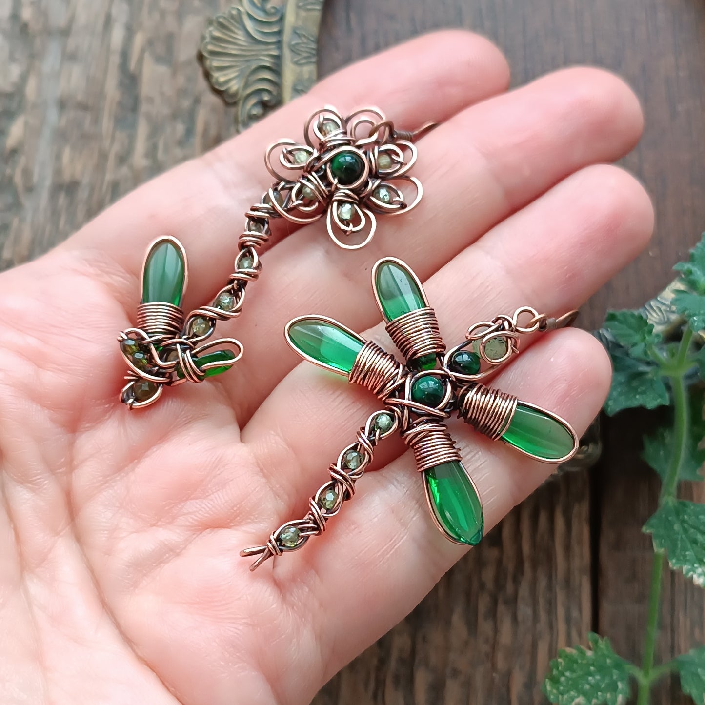 Green dragonfly and flower earrings
