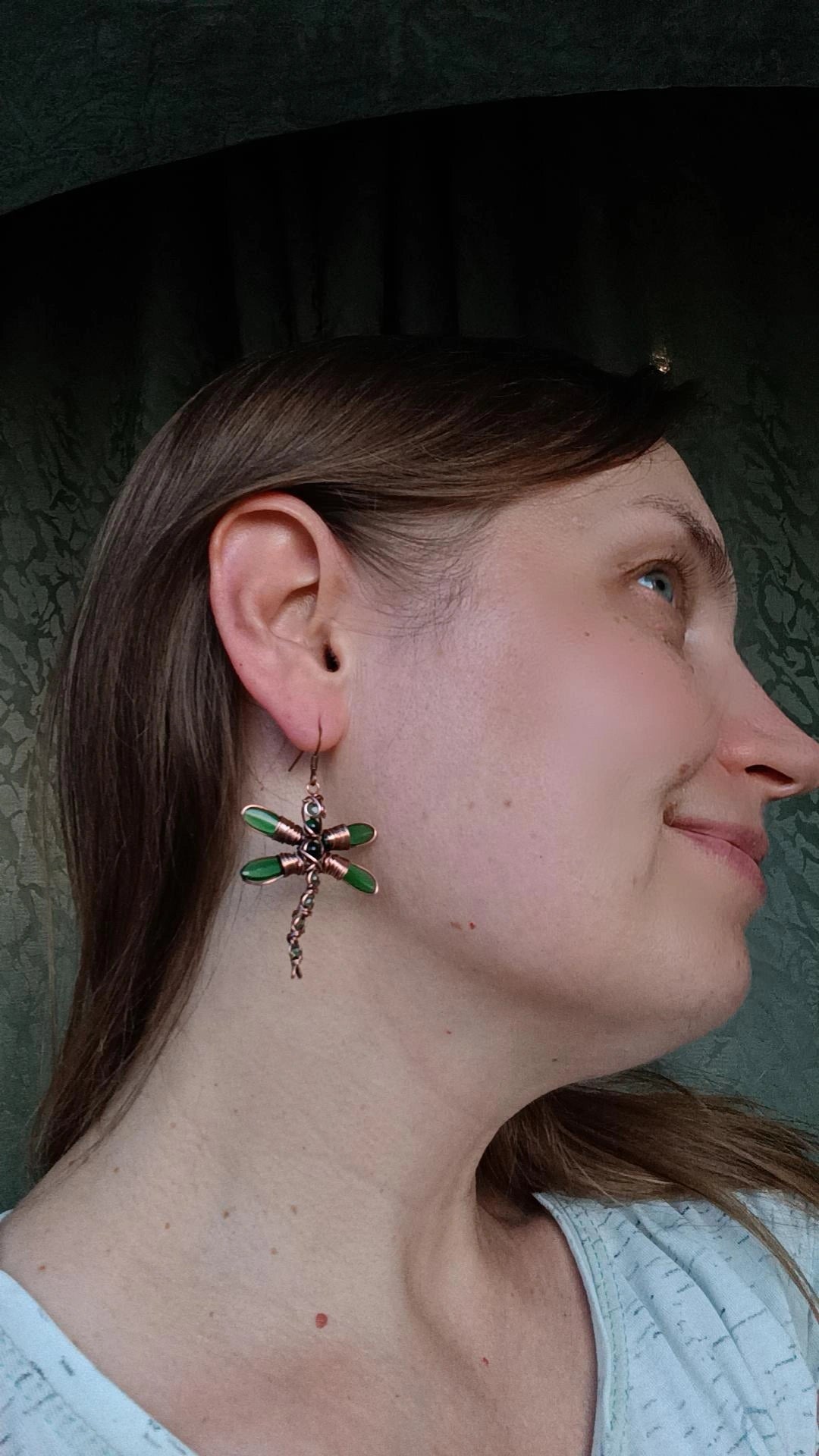 Green dragonfly and flower earrings
