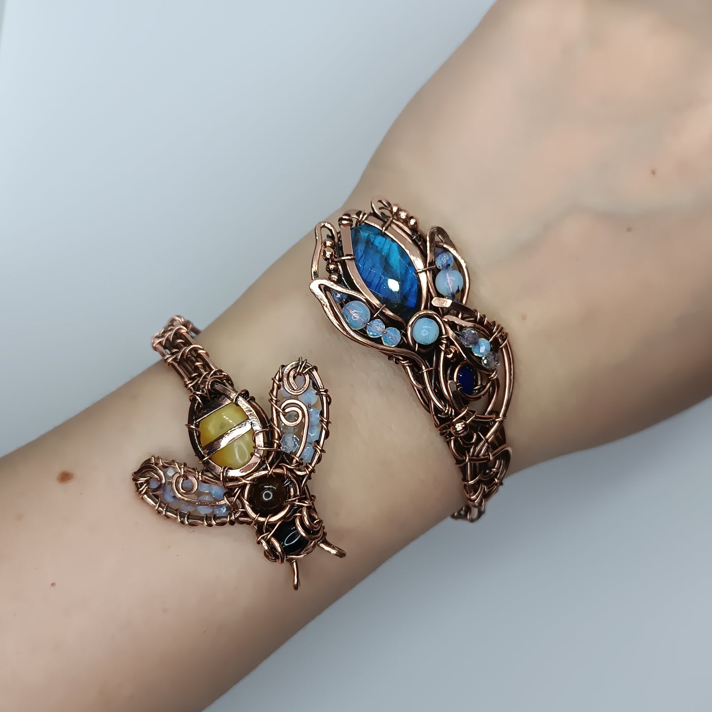 Bee on blue flower. Adjustable cuff bracelet. Size S-M