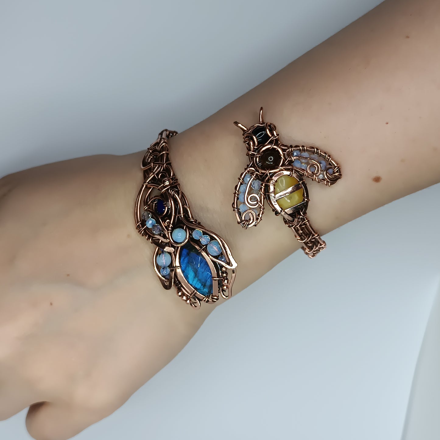 Bee on blue flower. Adjustable cuff bracelet. Size S-M