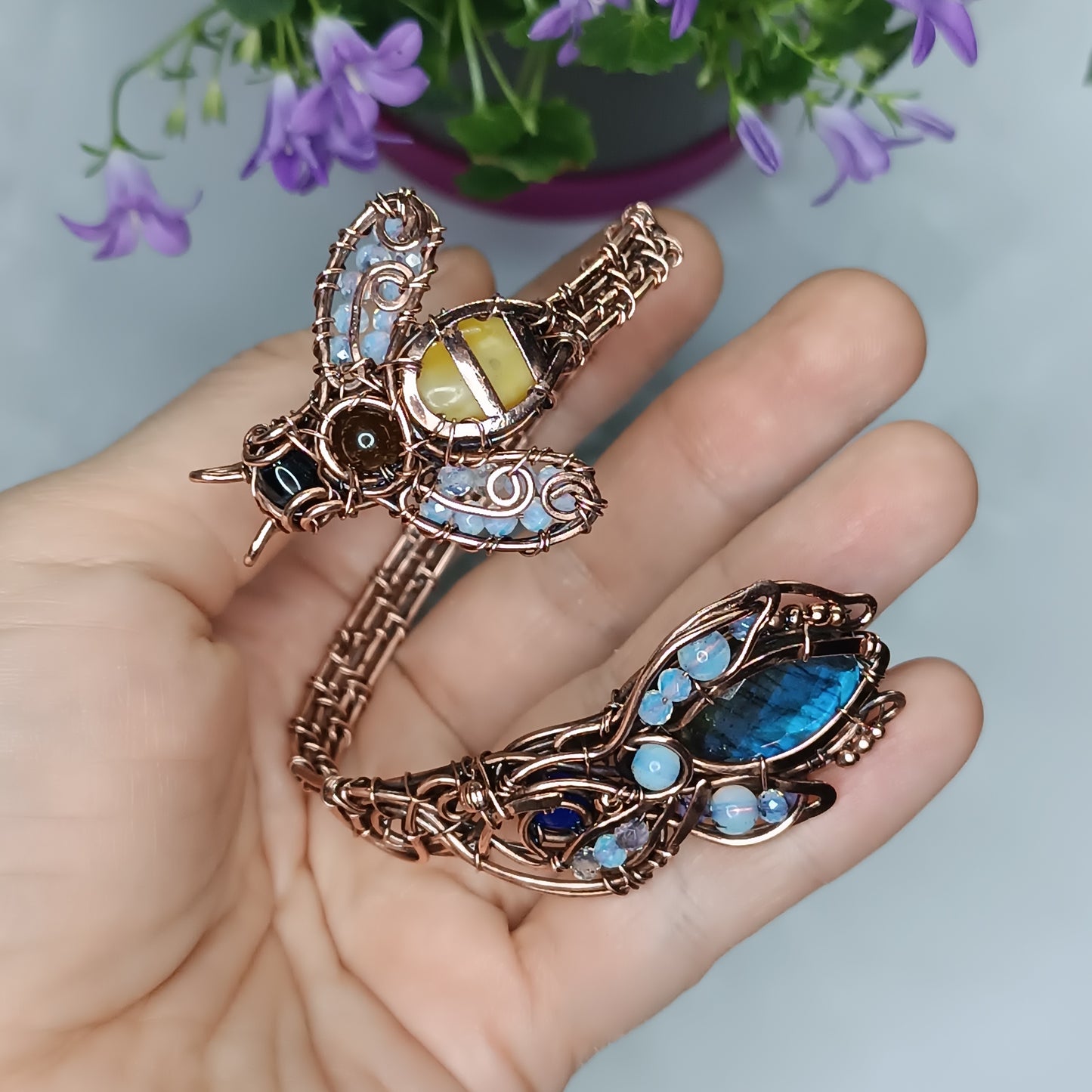Bee on blue flower. Adjustable cuff bracelet. Size S-M