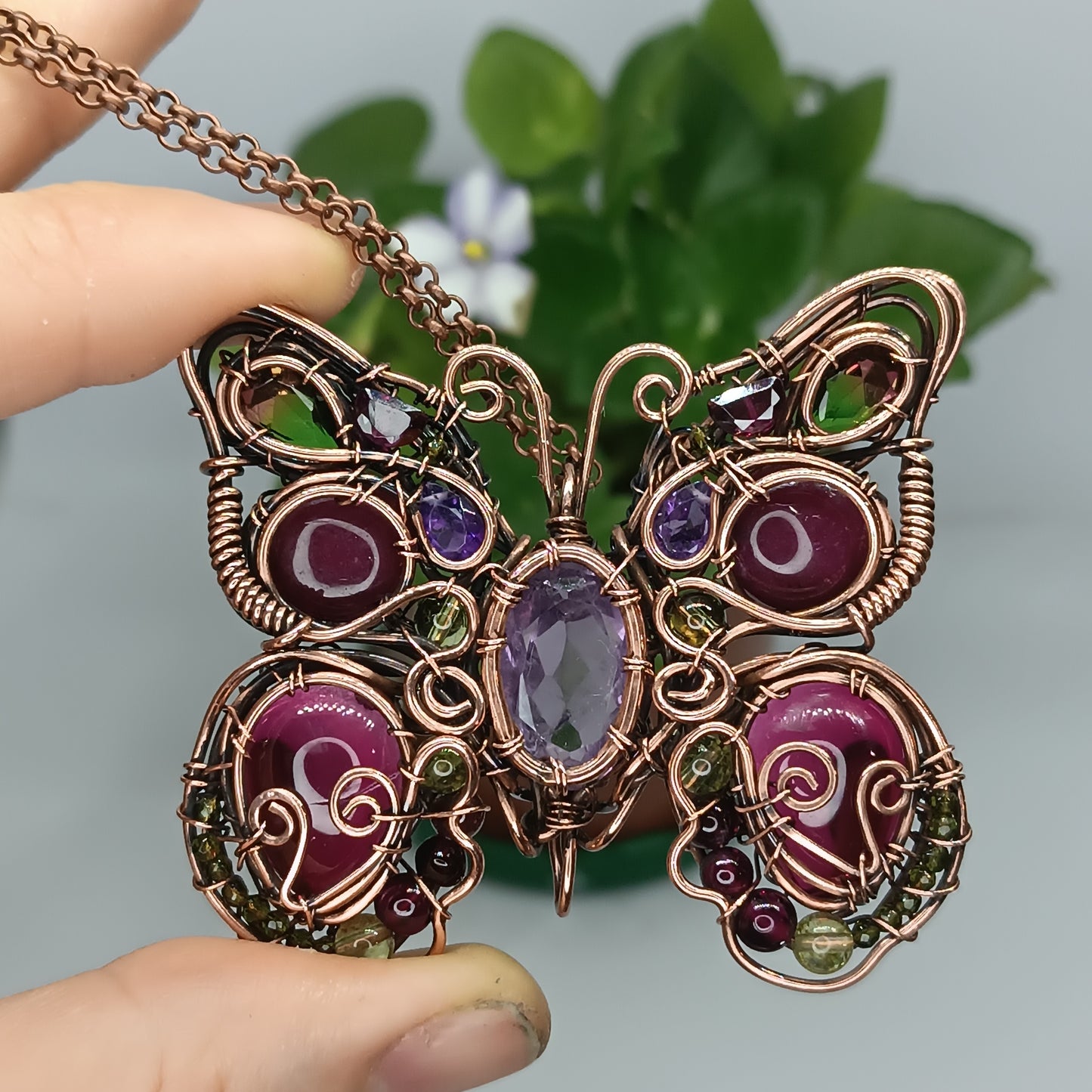 Magenta raspberry butterfly necklace