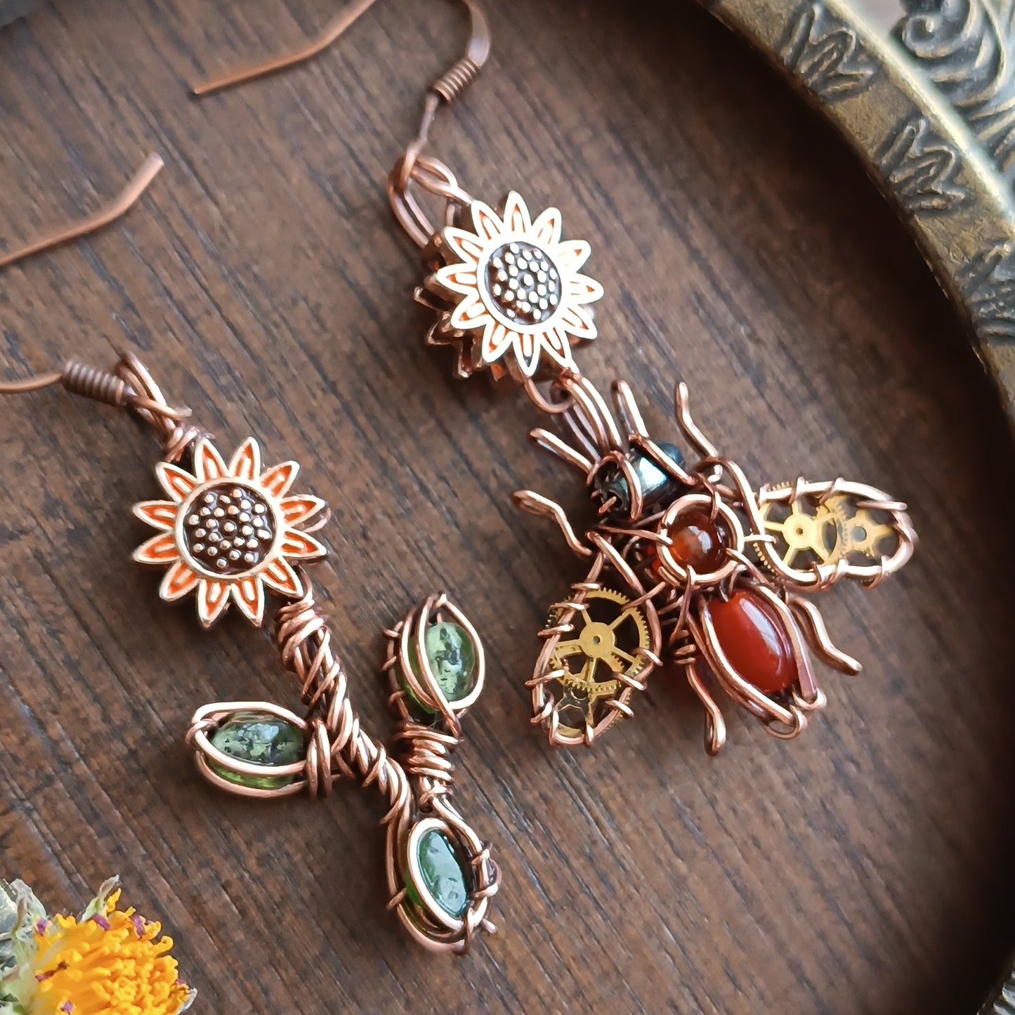 Sunflower honey bee earrings