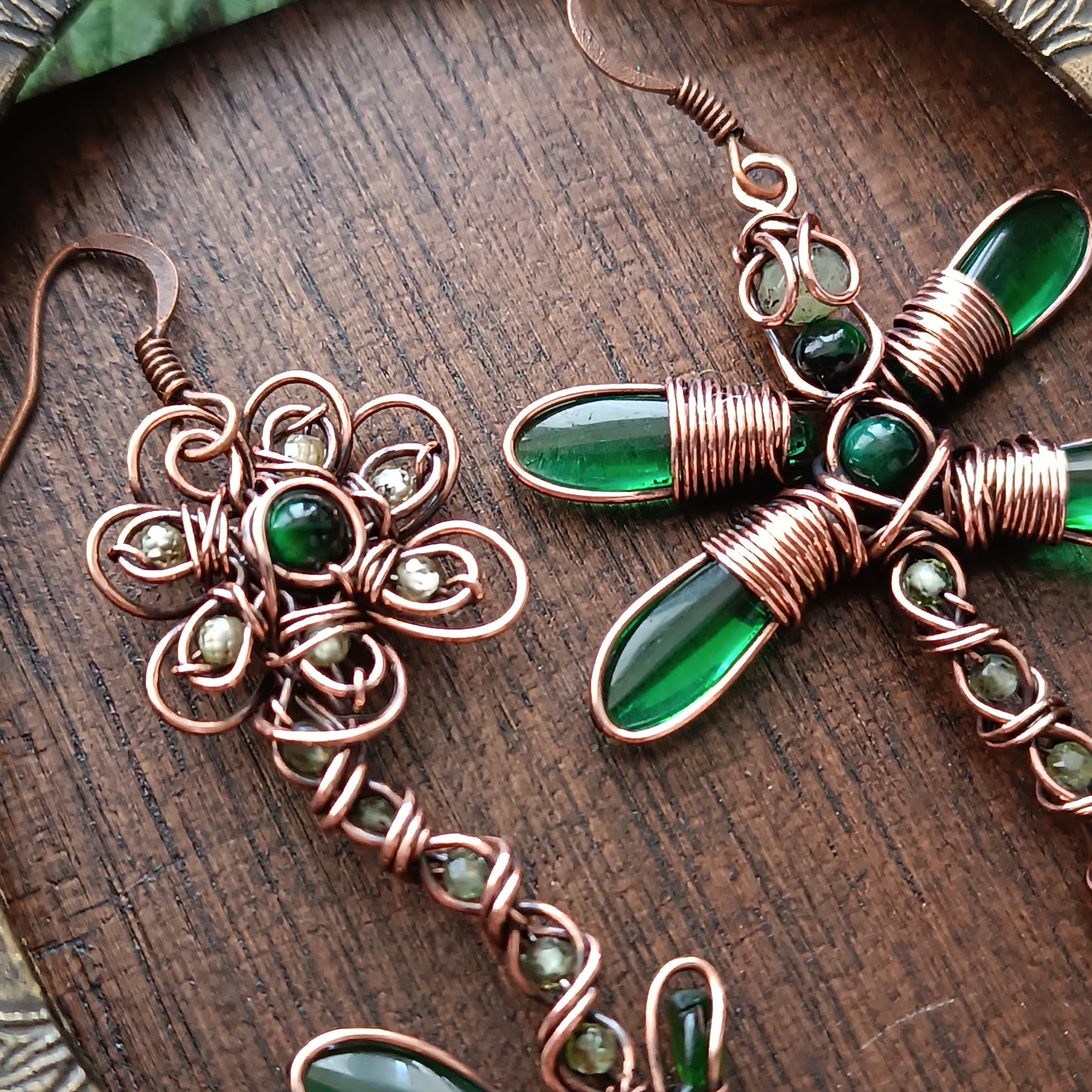 Green dragonfly and flower earrings