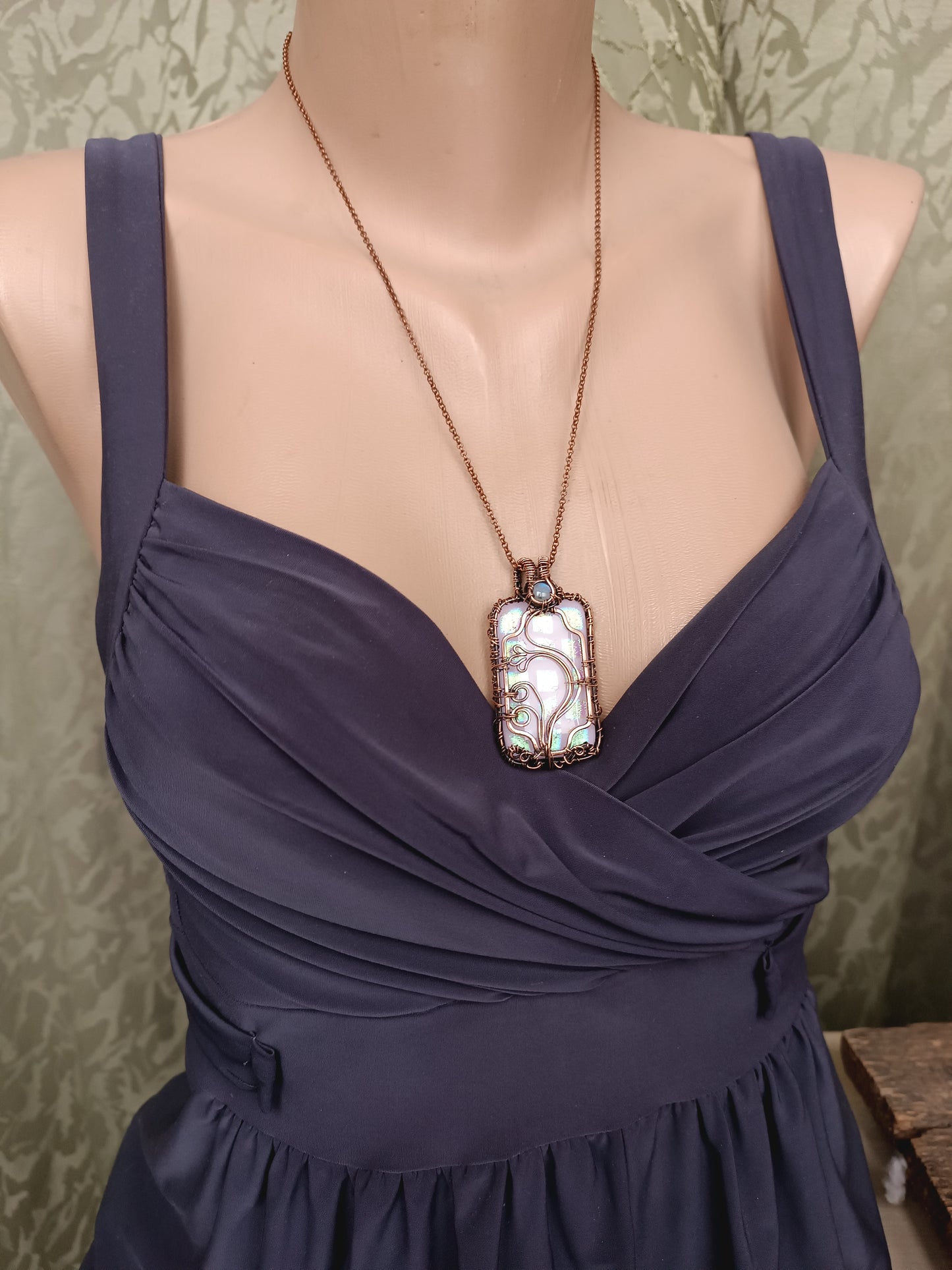 Pink and greenish-gold squares dichroic glass necklace with moonstone