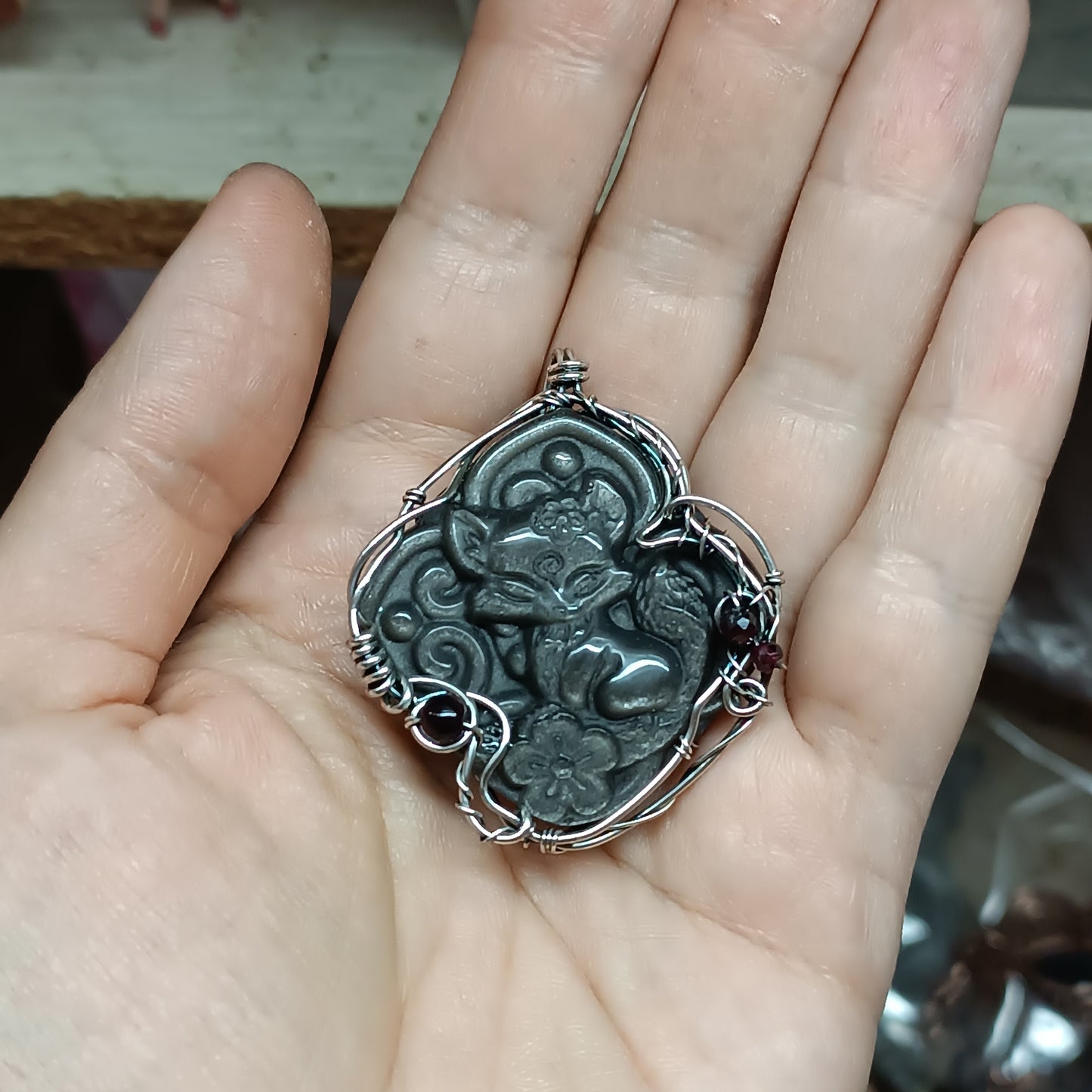 Obsidian fox wrapped in 925 silver. No chain.