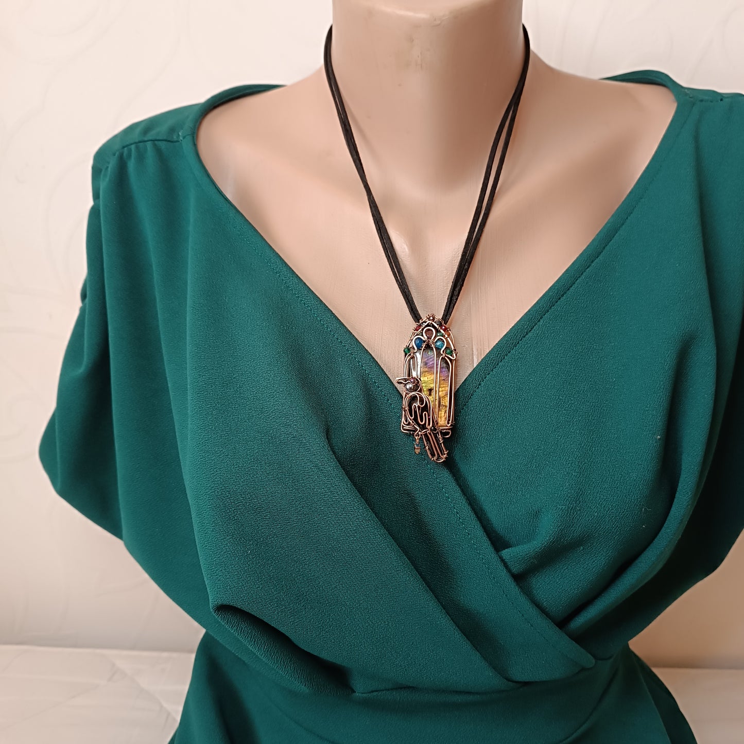 Raven on the stained glass window necklace