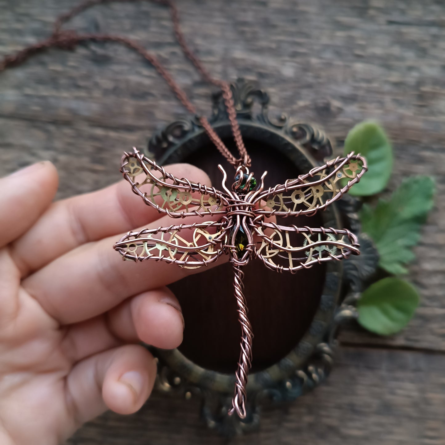 Olivia. Golden cogs Dragonfly pendant
