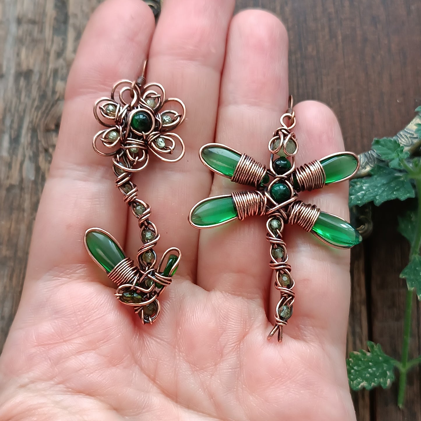 Green dragonfly and flower earrings