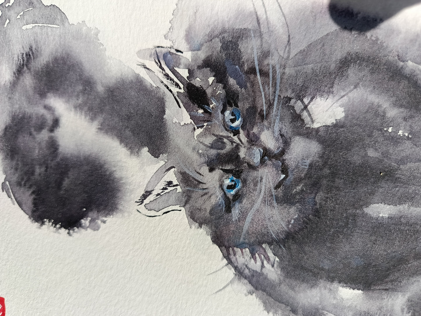 Funny tooth. Fluffy grey cat. Original watercolour