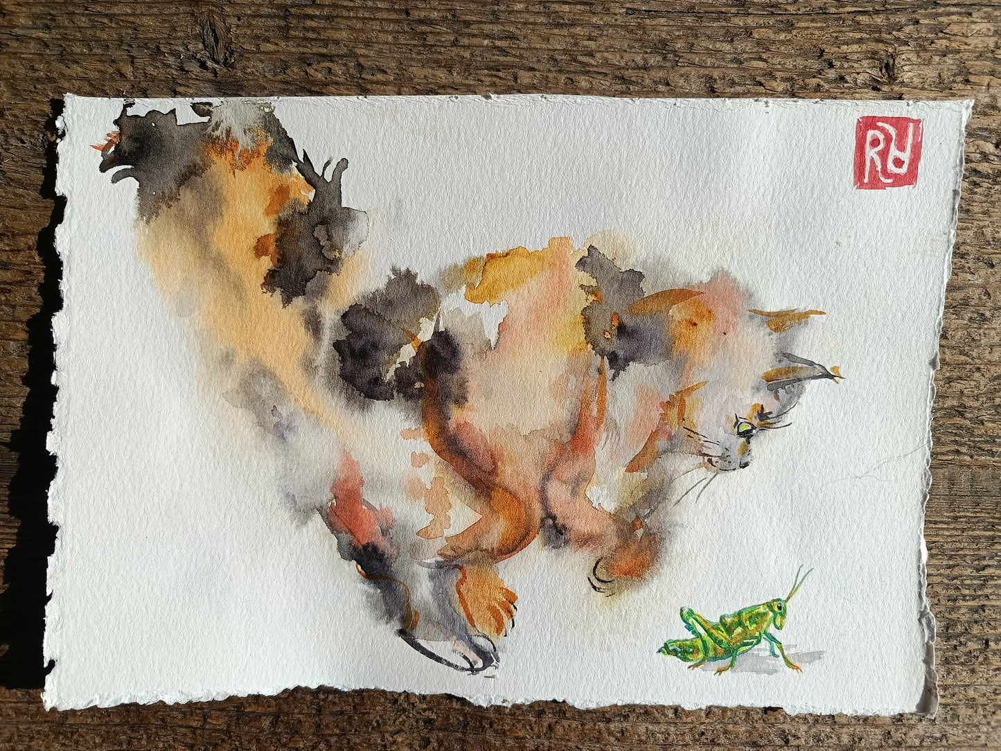 Hop hop! Fluffy cat and grasshopper. Original watercolour