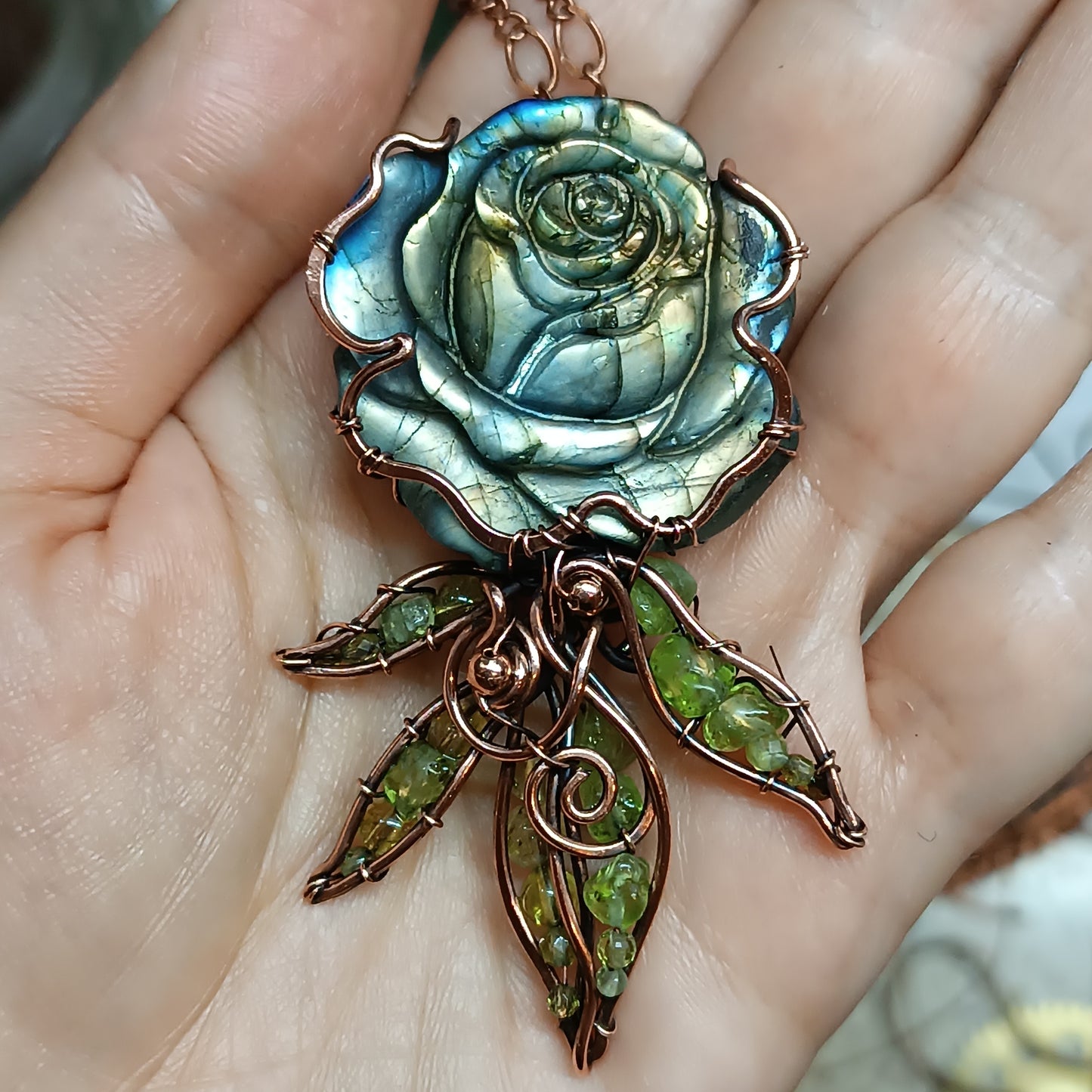 Labradorite rose with chrysolite leaves. Pendant