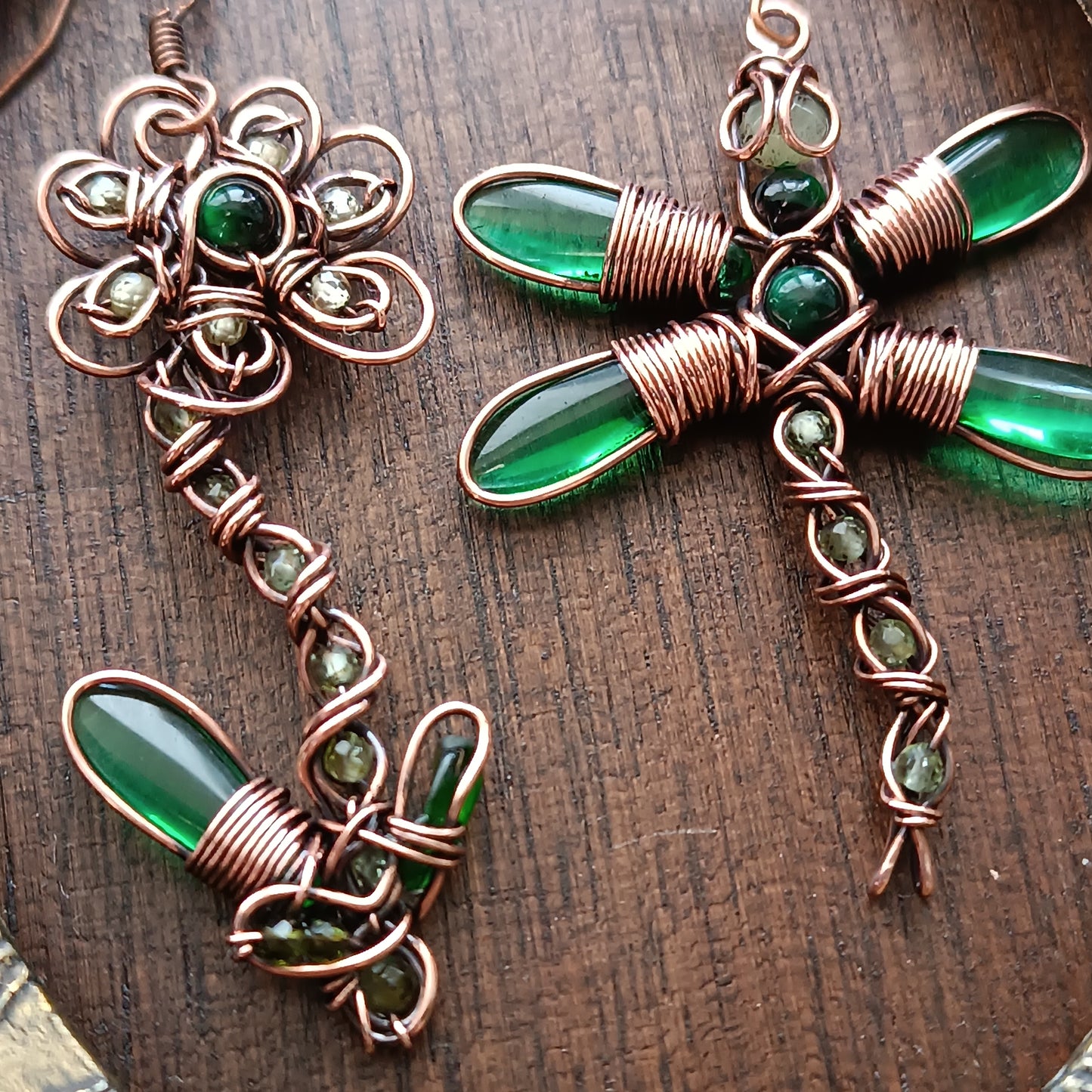 Green dragonfly and flower earrings