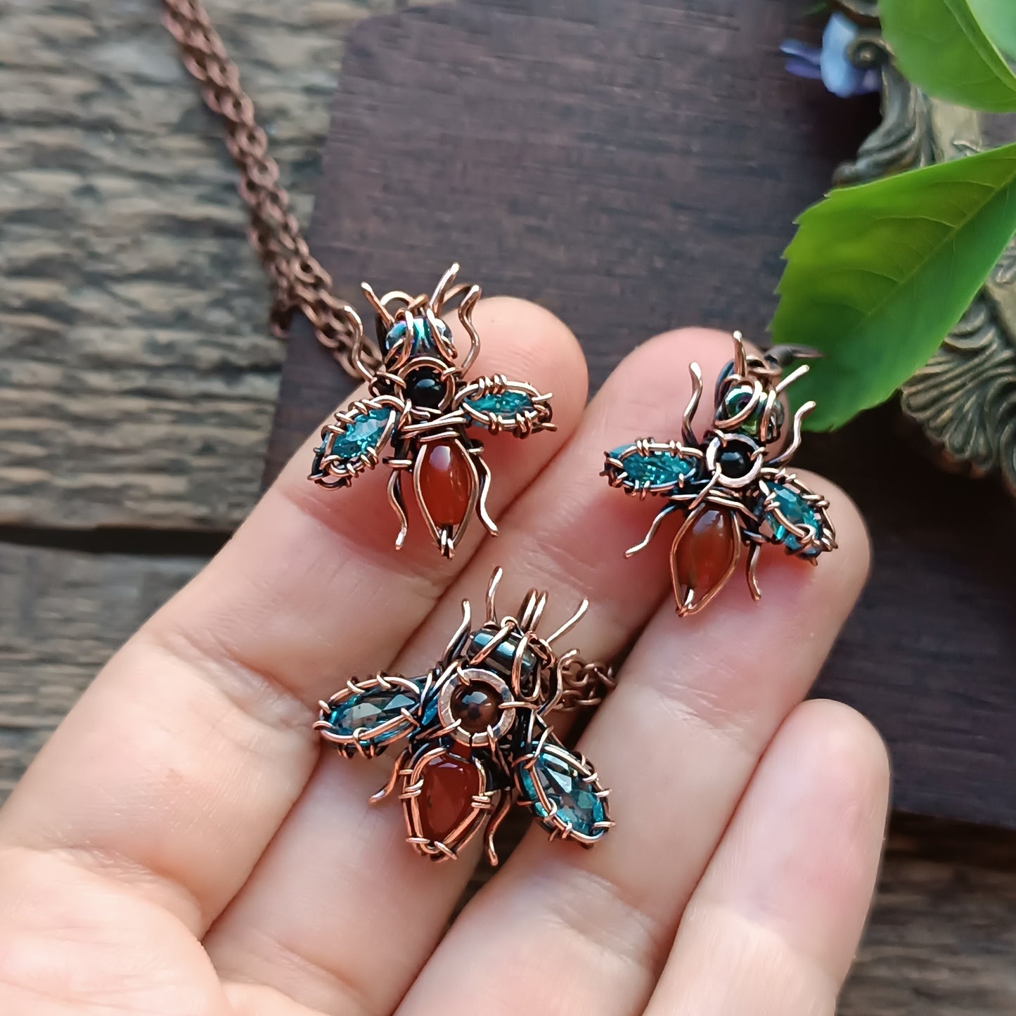 SET of blue winged bee earrings and bee charm.