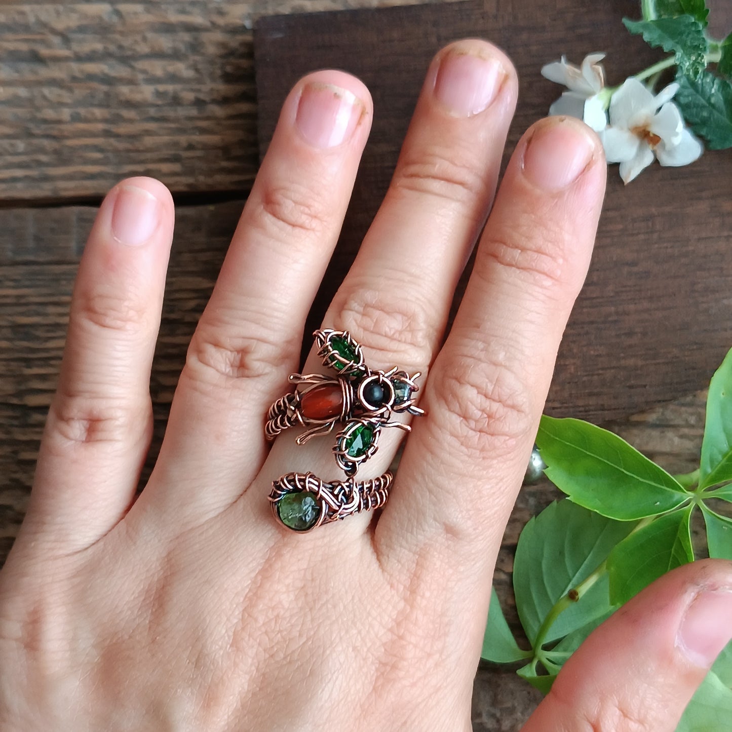 Green wings bee RING. Adjustable