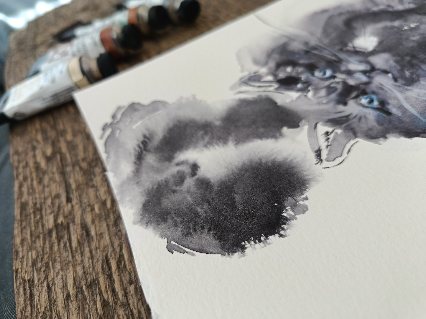 Funny tooth. Fluffy grey cat. Original watercolour