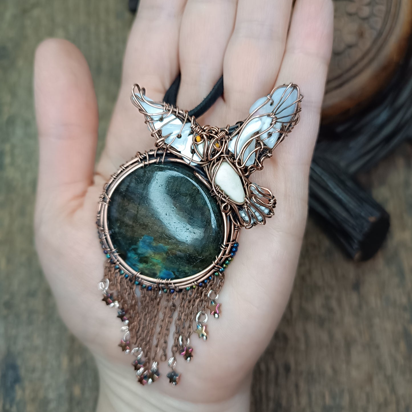 Owl over the sunset moon necklace