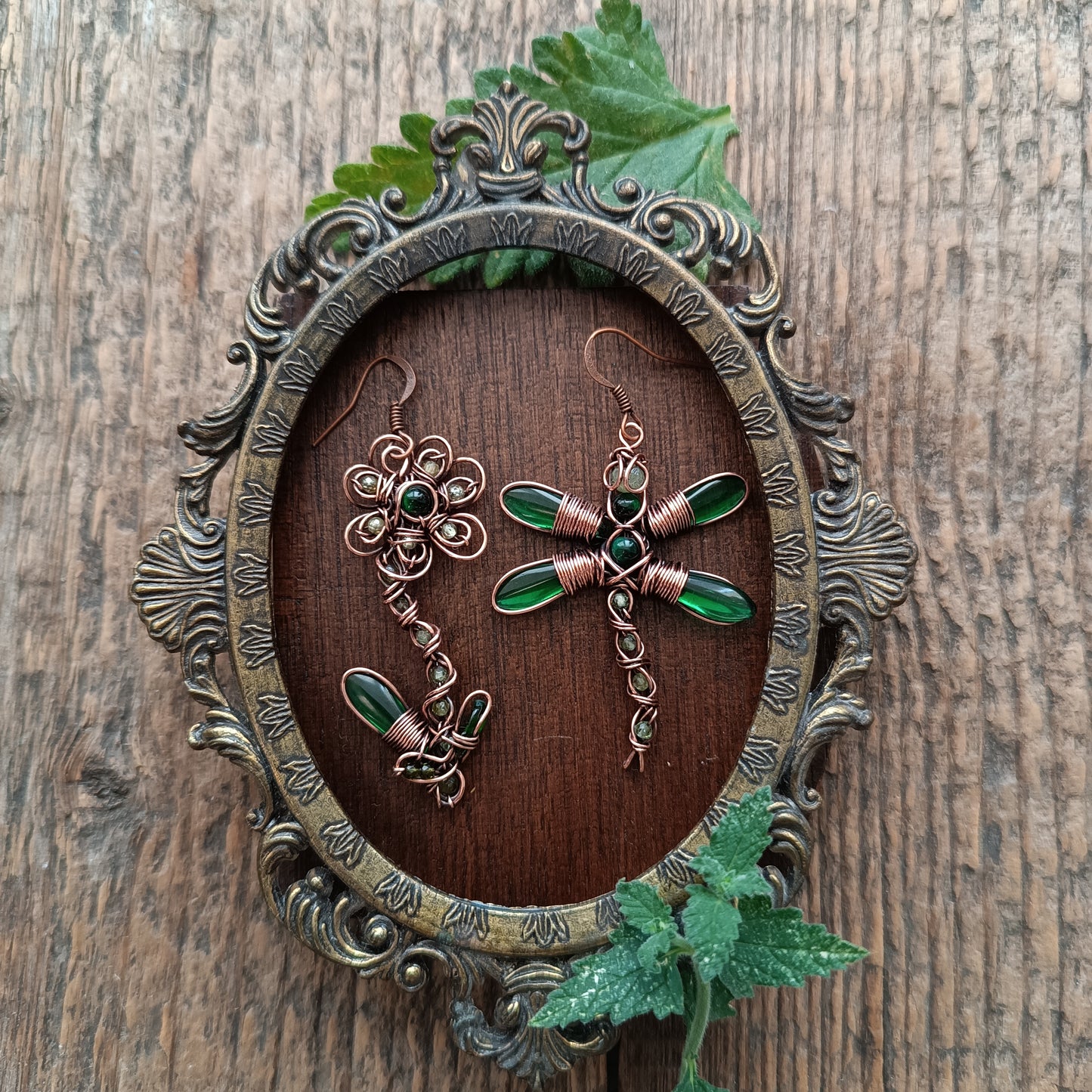 Green dragonfly and flower earrings