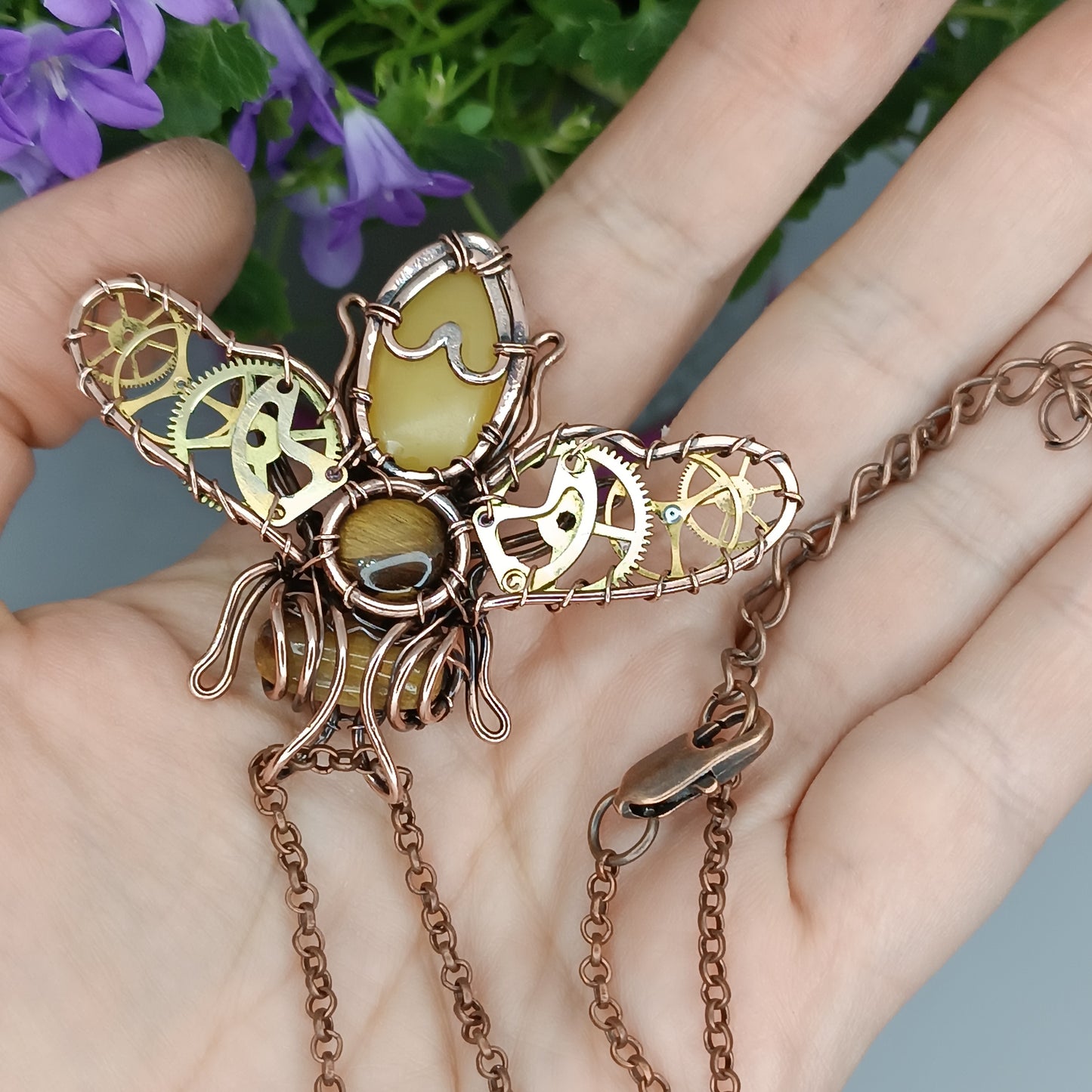 Honey bee necklace with watch cogs