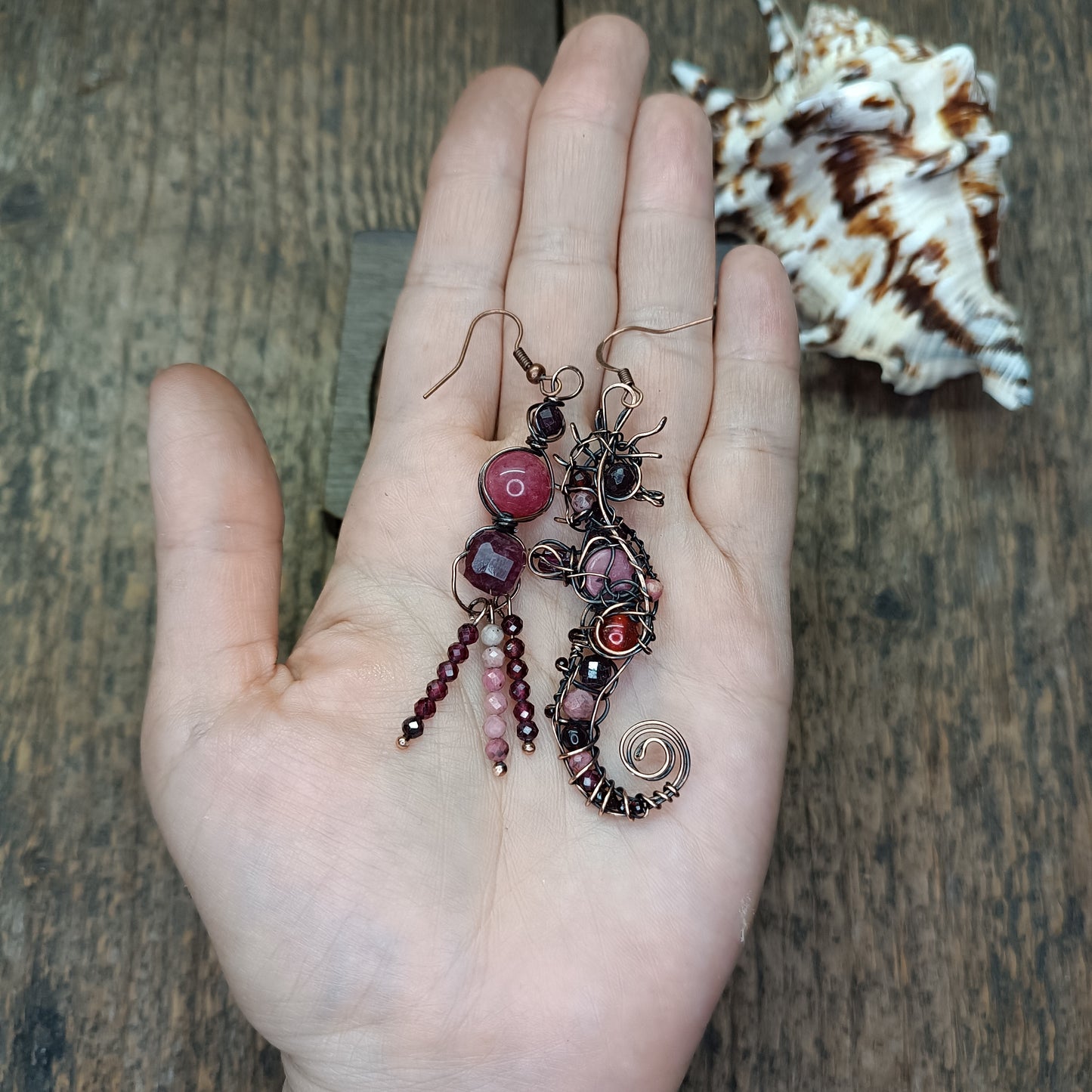 Rhodonite and garnet seahorse earrings