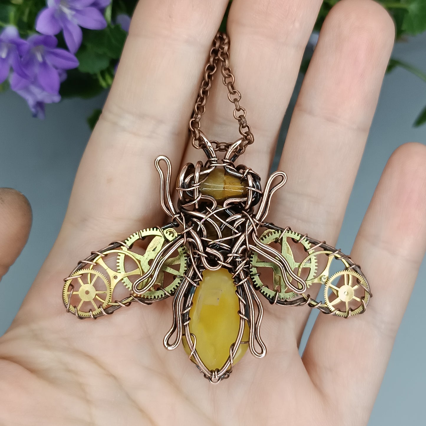 Honey bee necklace with watch cogs