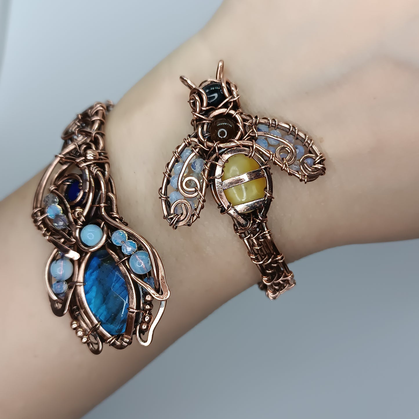 Bee on blue flower. Adjustable cuff bracelet. Size S-M