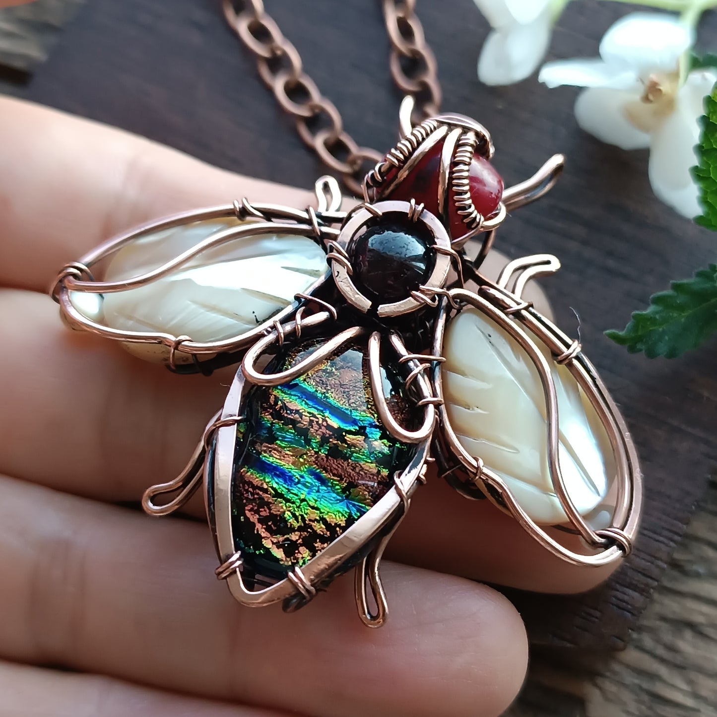 Dichroic glass bee necklace