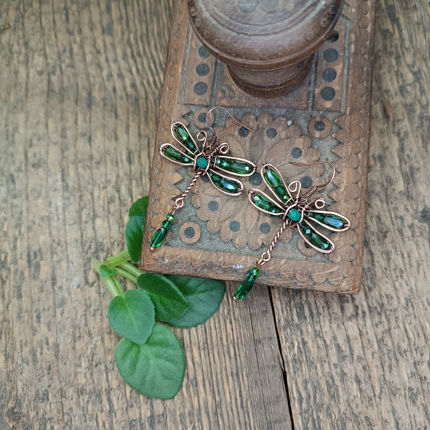 Green dragonfly dangling earrings
