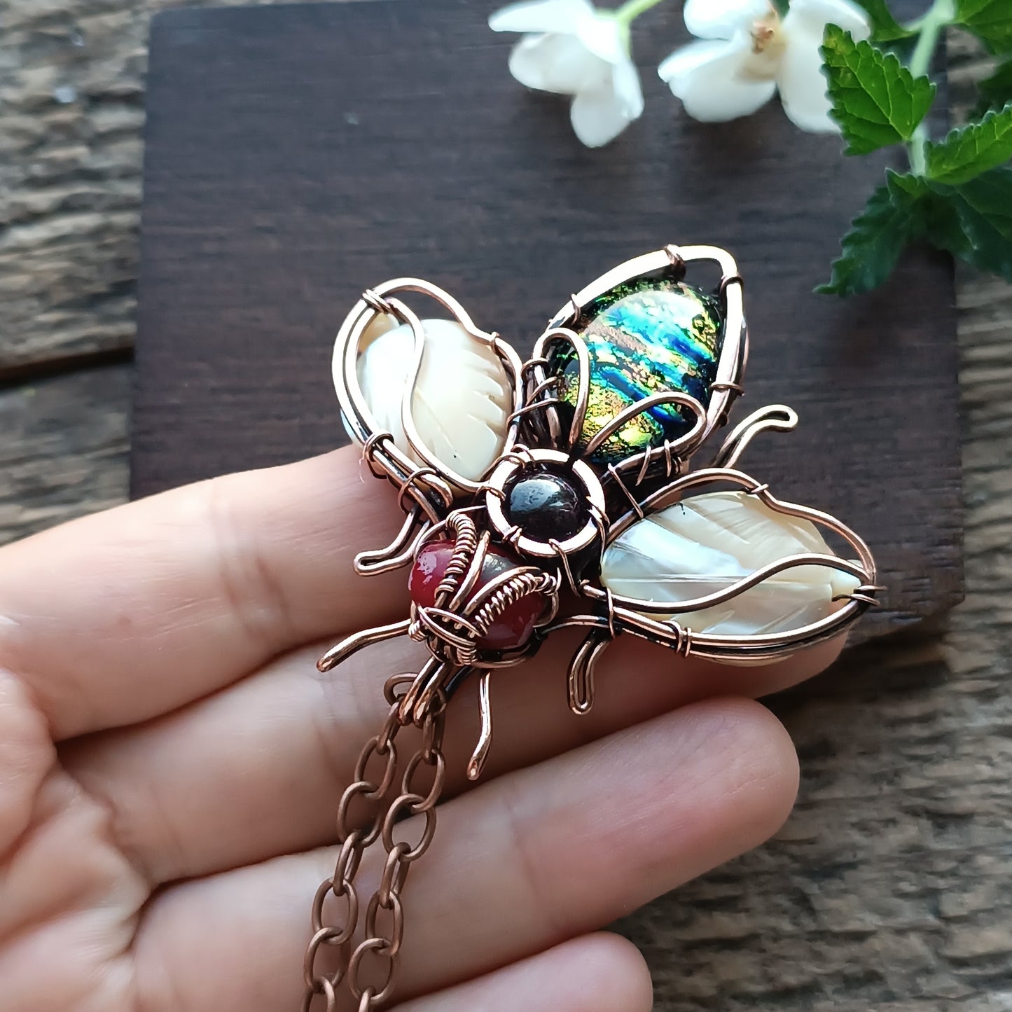 Dichroic glass bee necklace