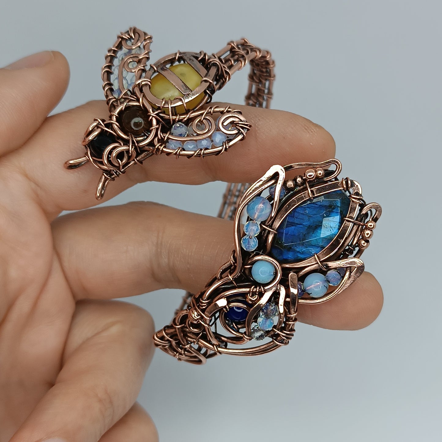 Bee on blue flower. Adjustable cuff bracelet. Size S-M