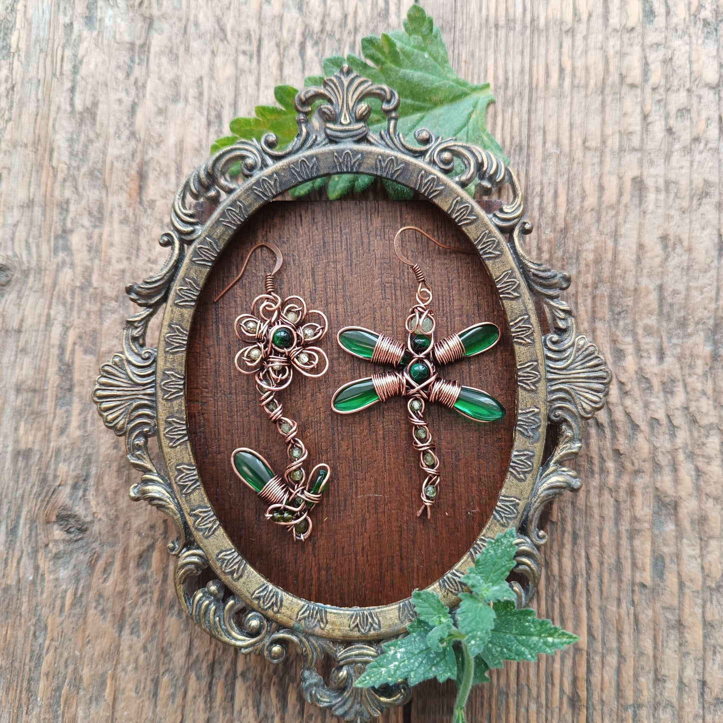 Green dragonfly and flower earrings