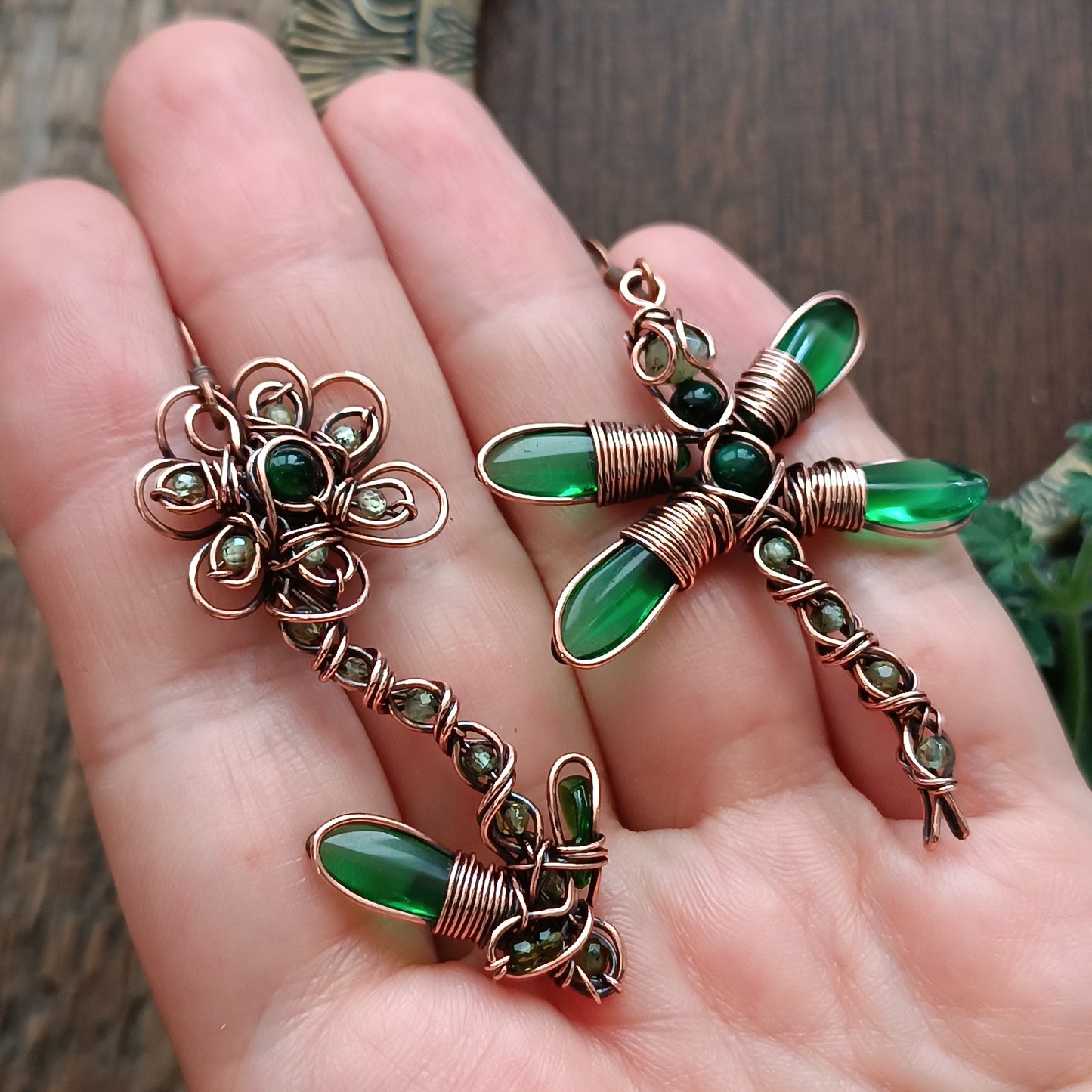Green dragonfly and flower earrings