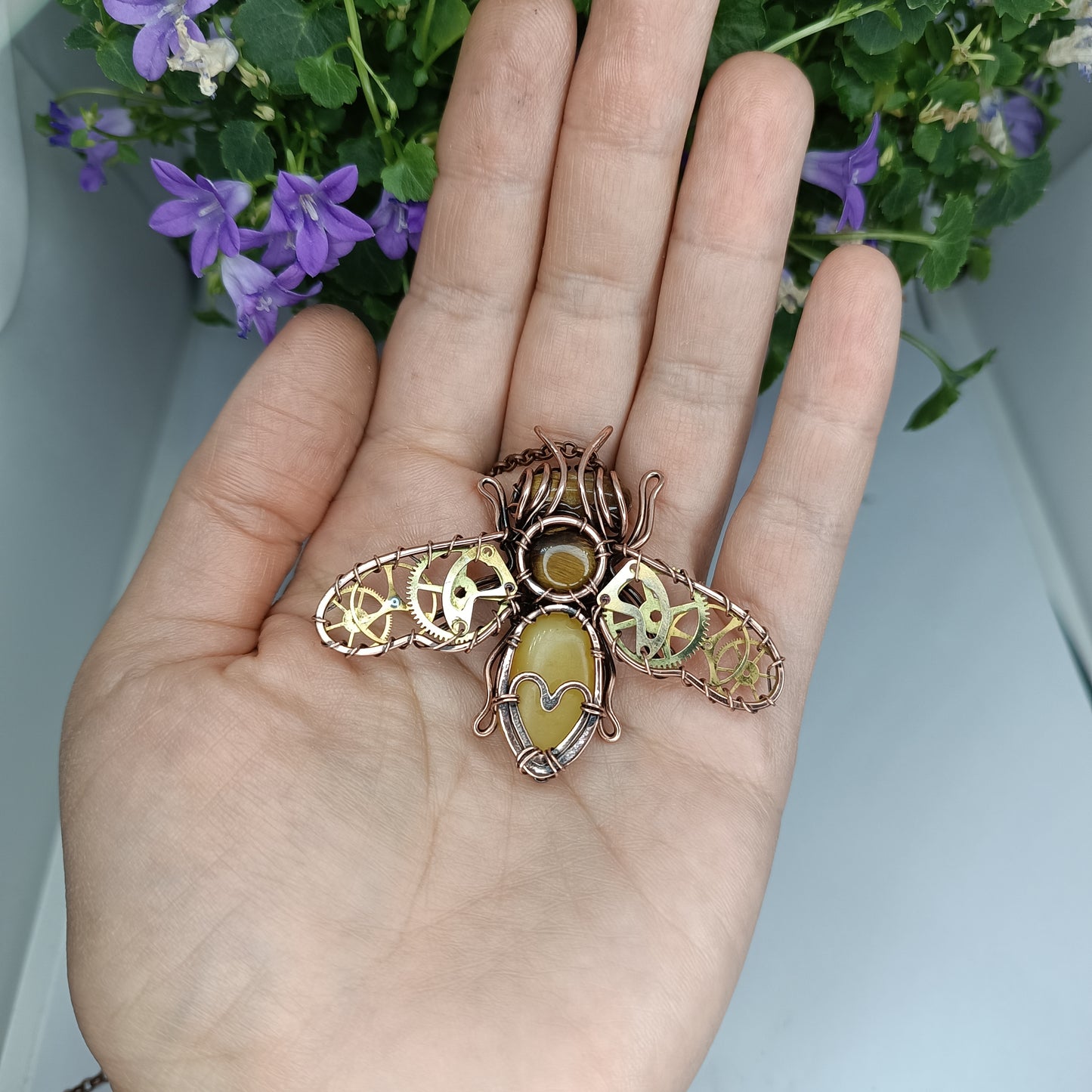 Honey bee necklace with watch cogs