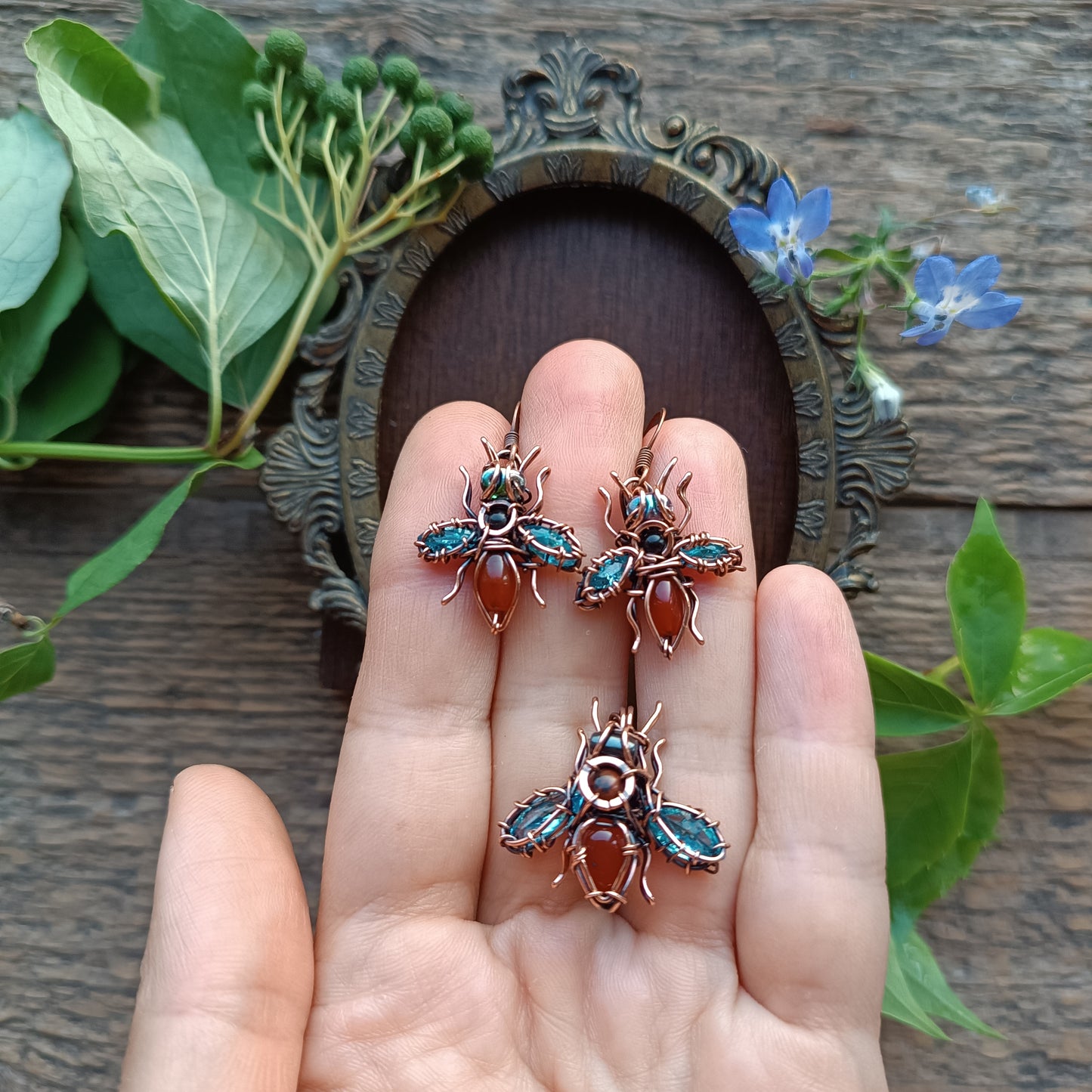 SET of blue winged bee earrings and bee charm.