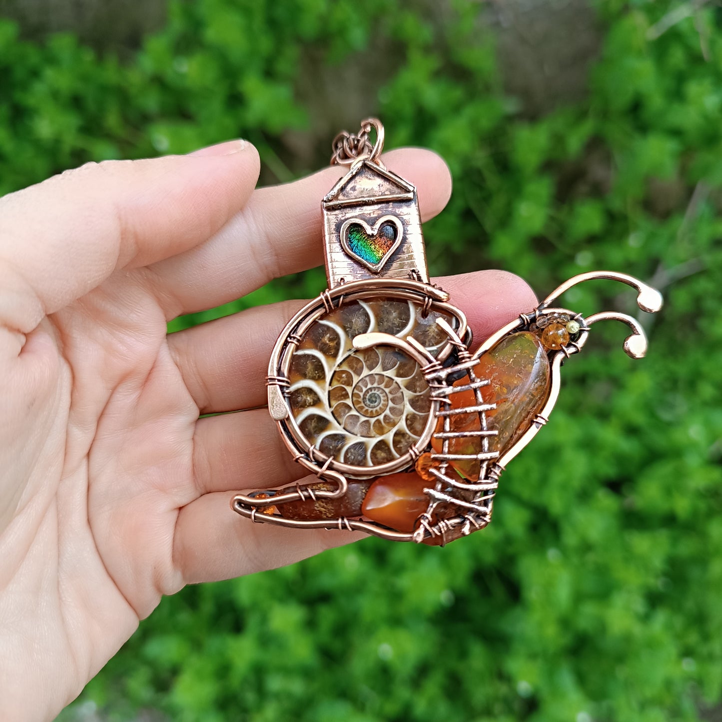 Snail and a fairy house necklace