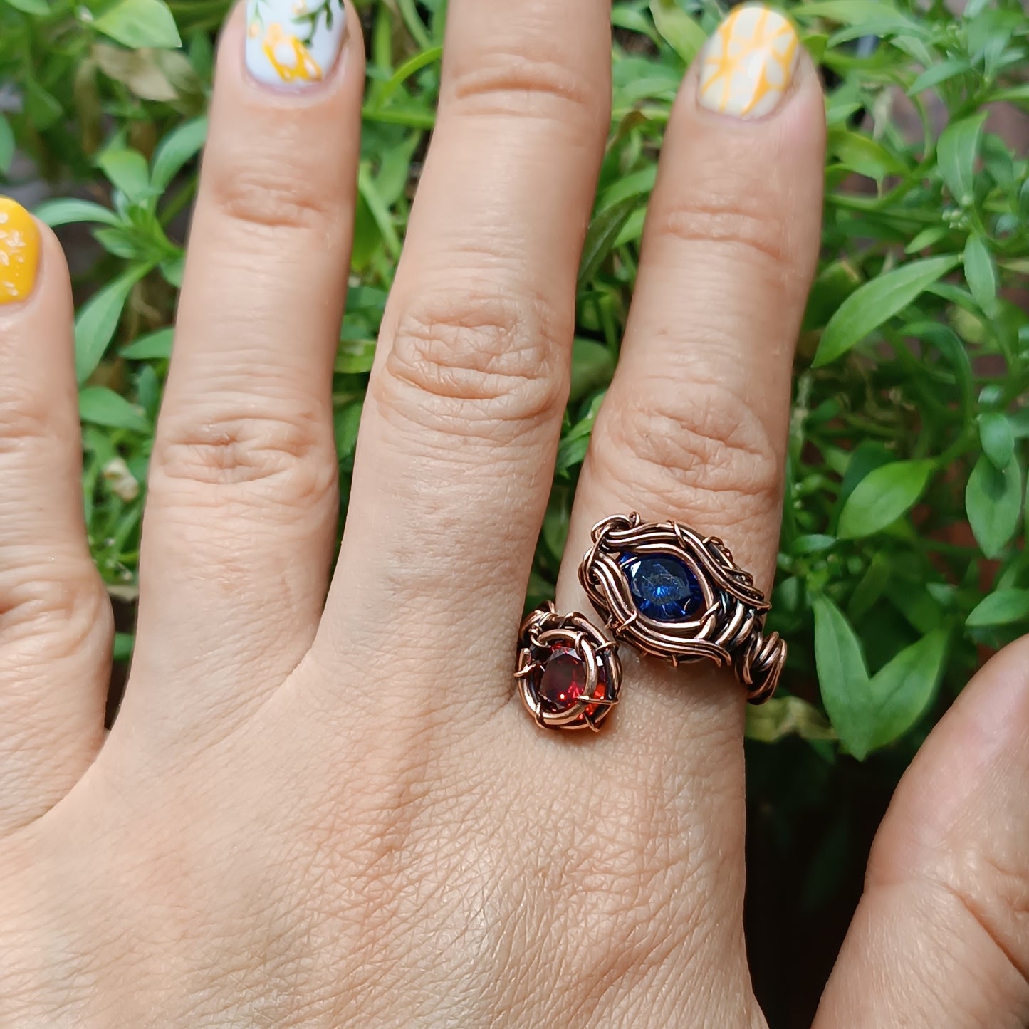 Red and blue CZ ring. Adjustable