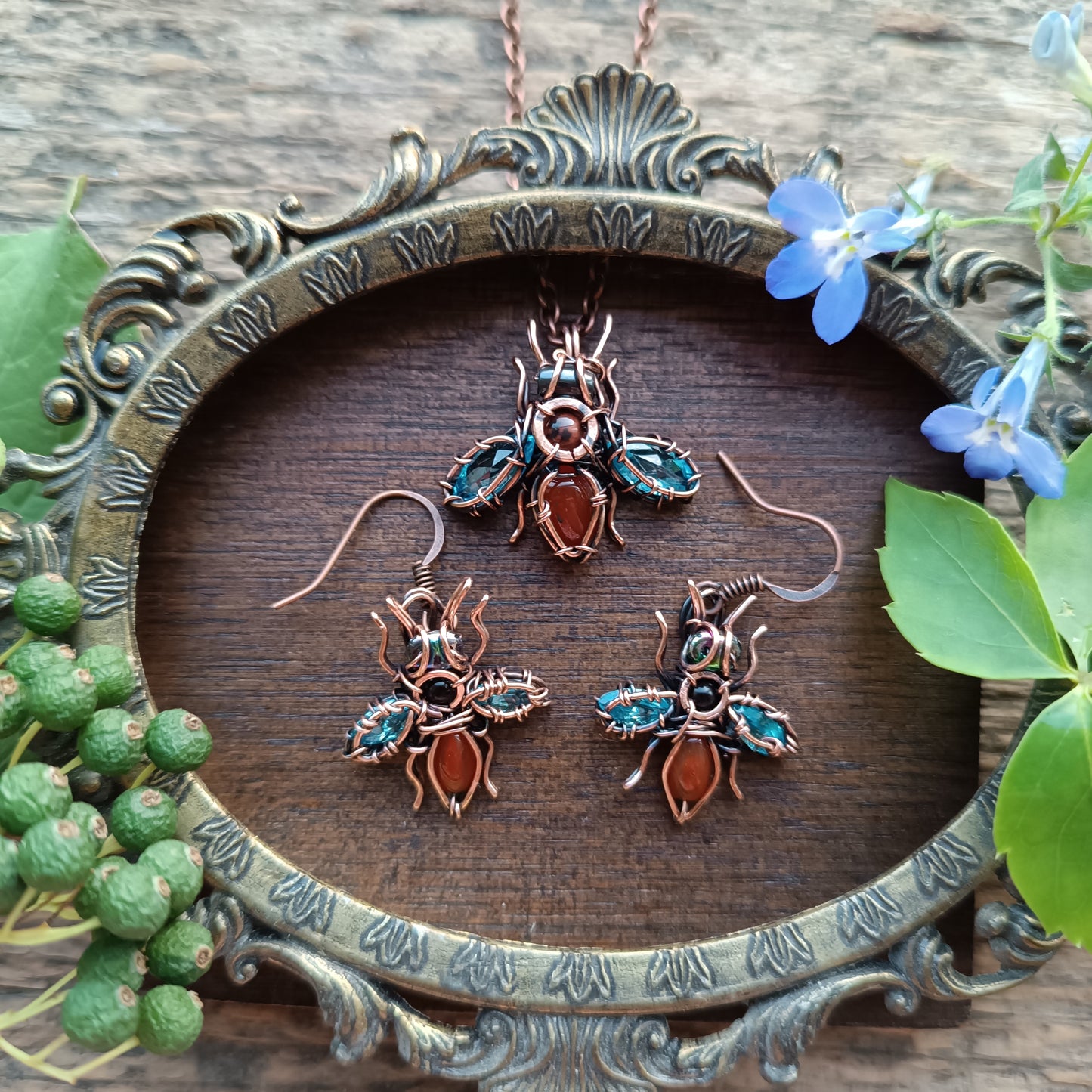 SET of blue winged bee earrings and bee charm.