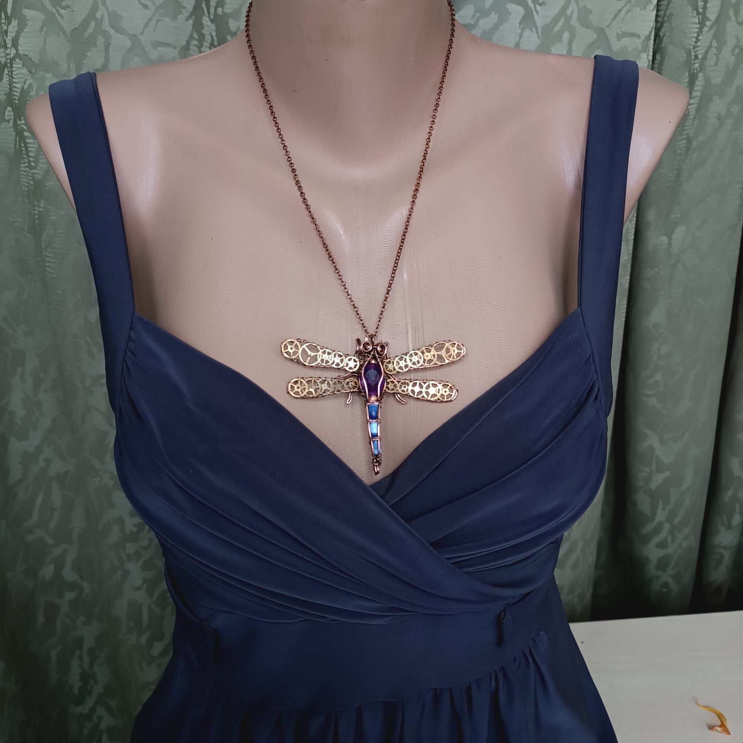 Purple chameleon dragonfly pendant