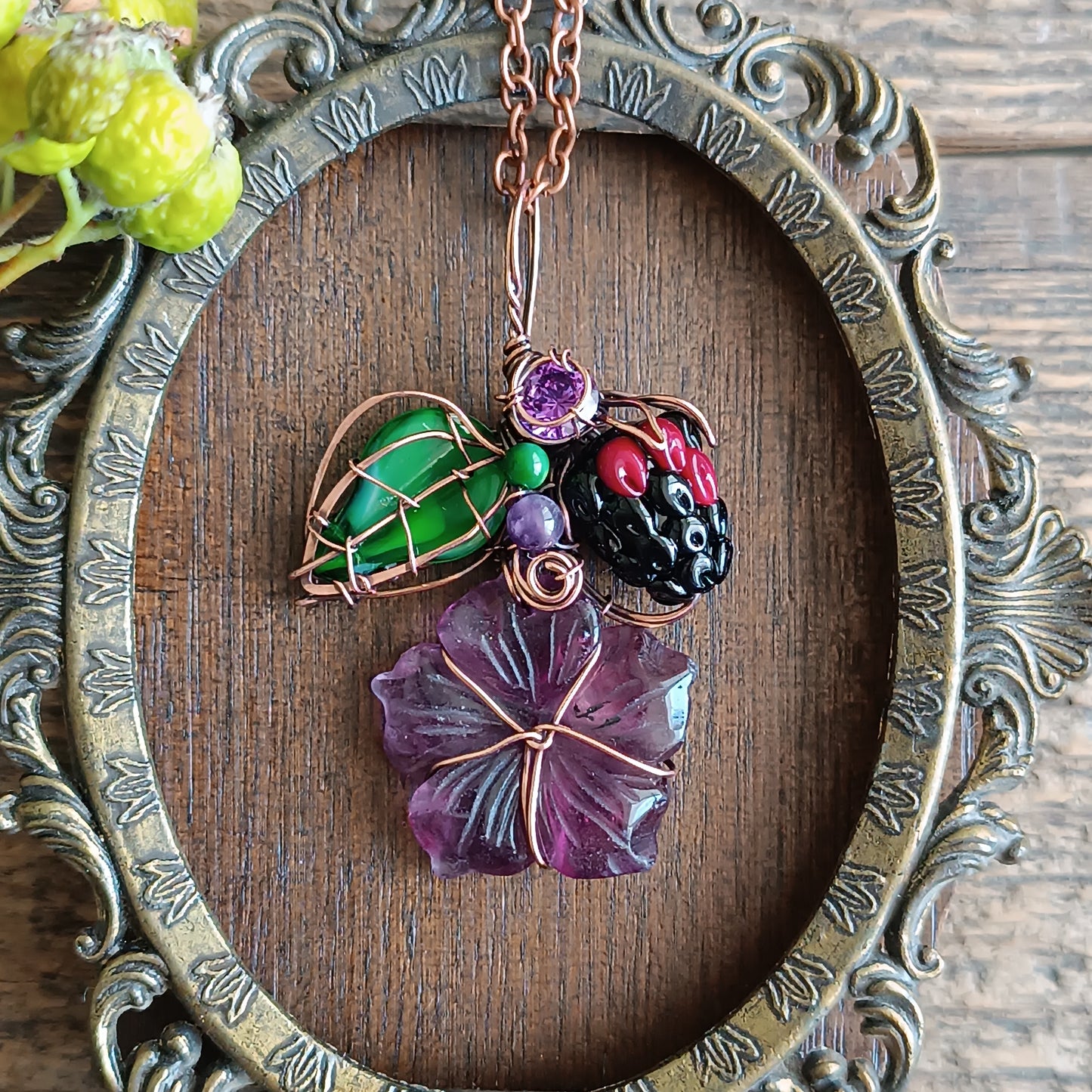 Fluorite flower and blackberry necklace